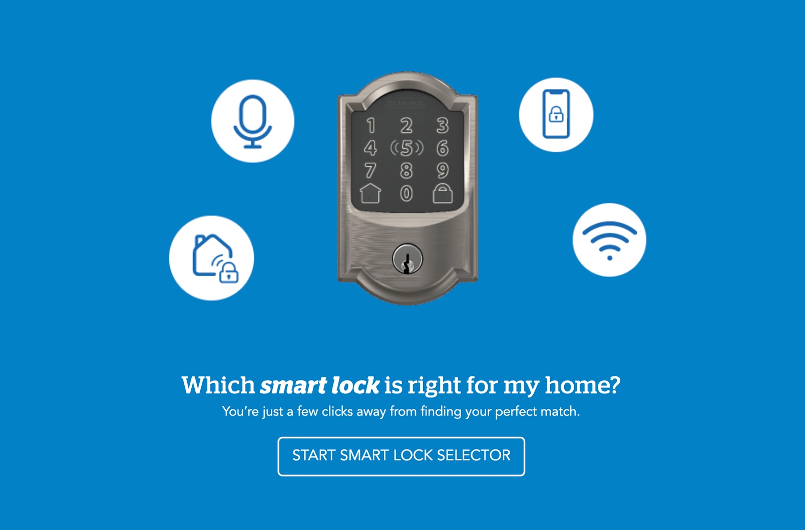 Smart lock keypad in the center with icons for voice control, app lock, home security, and Wi-Fi around it on a blue background.