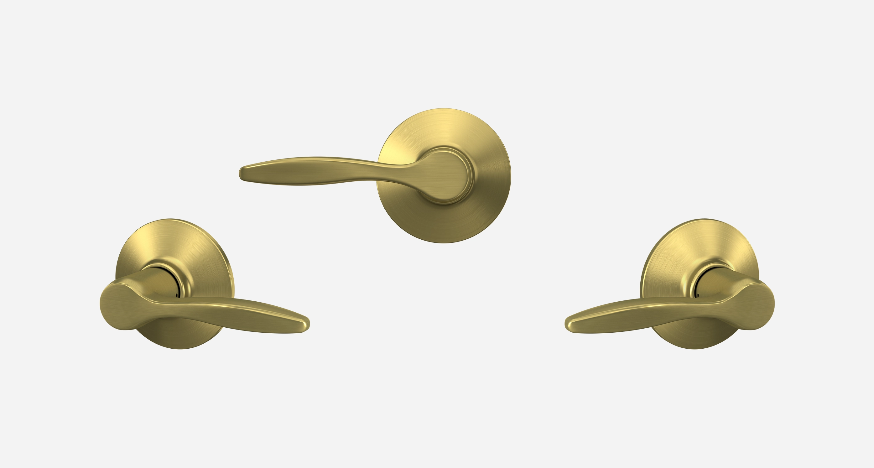 Three satin brass door lever products with trim assembled and displayed at three angles on a white background.