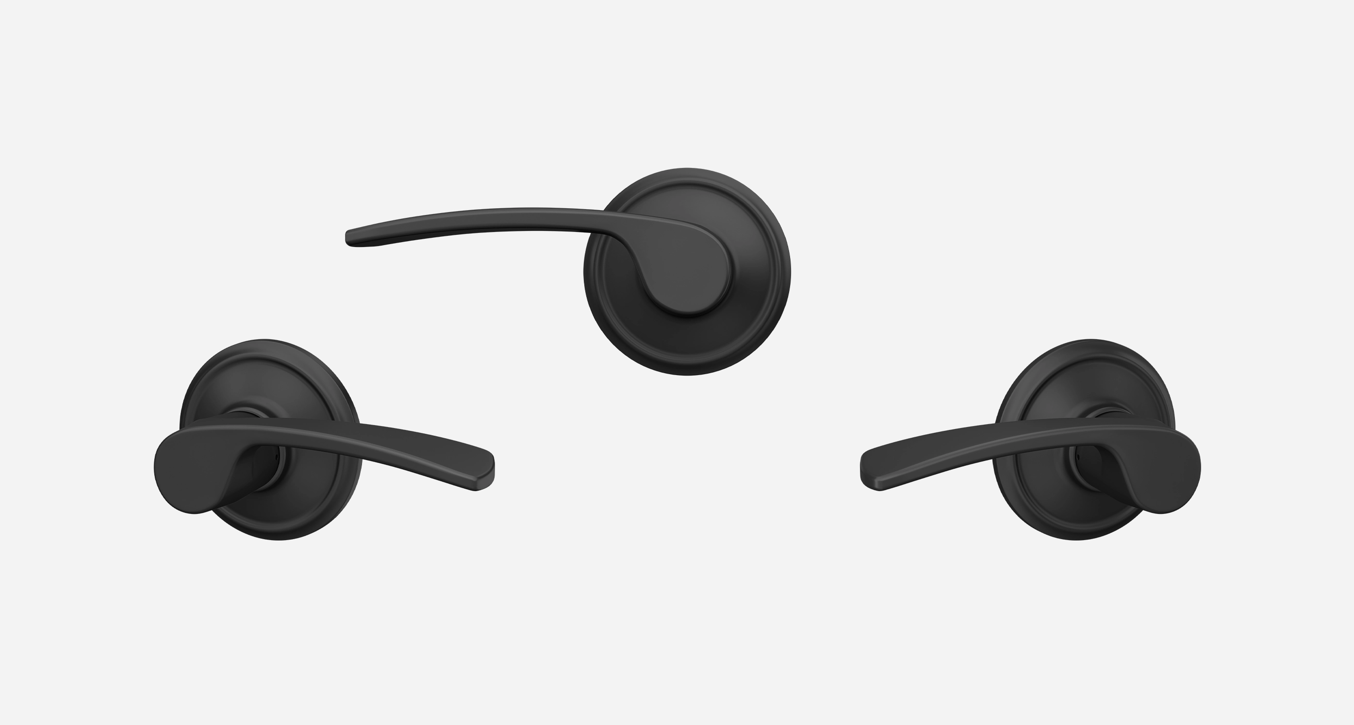 Three matte black door lever products with trim assembled and displayed at three angles on a white background.
