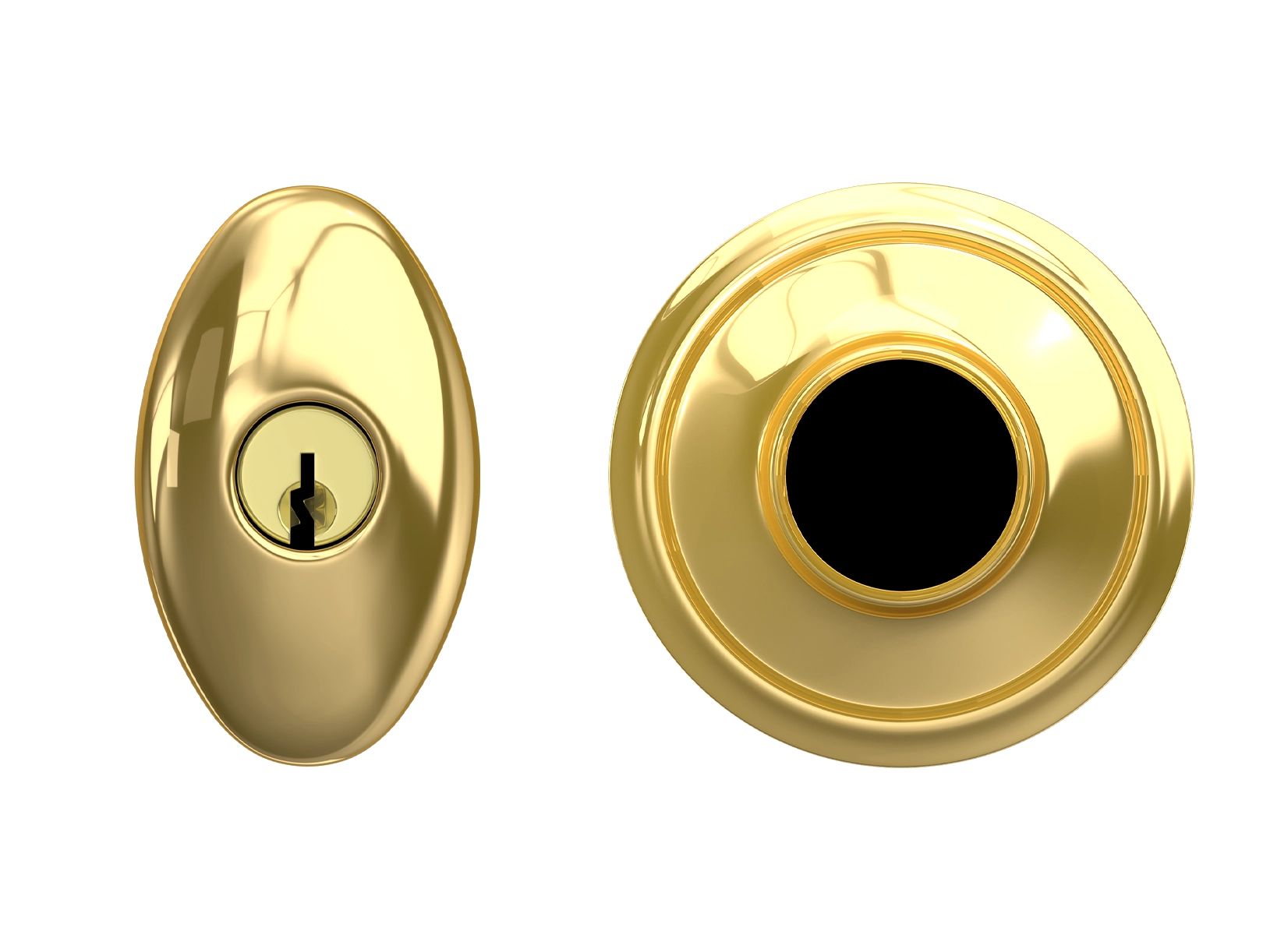 Head-on view of a gold knob and trim piece separated, showing the unedited "before" phase.