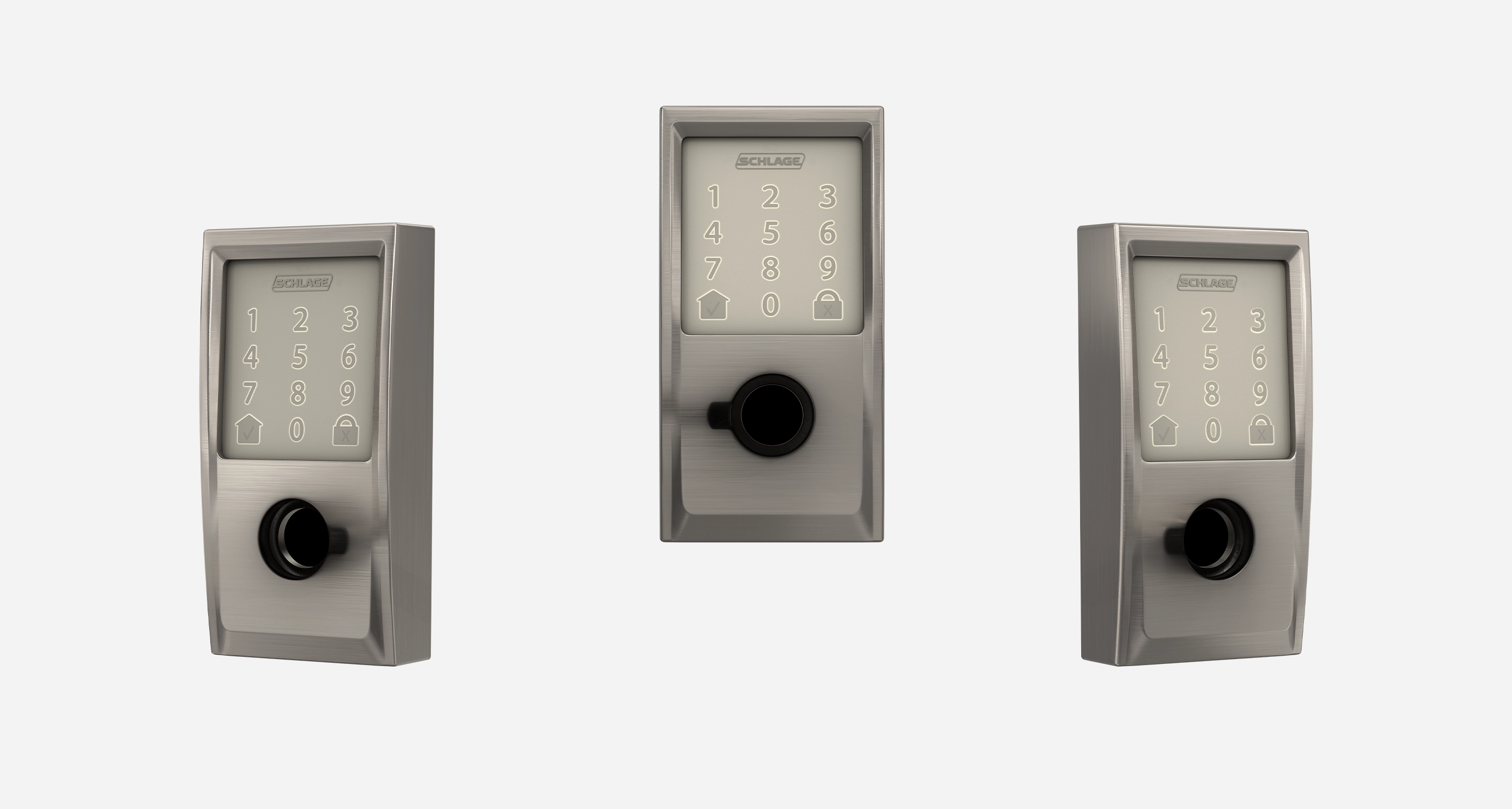 Three light satin metal smart door locks with electronic keypads and no levers, arranged against a plain background at three angles.