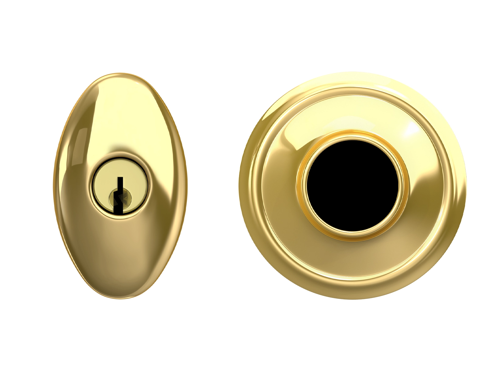 Head-on view of a gold knob and trim piece separated, showing the cleaned-up "after" result.