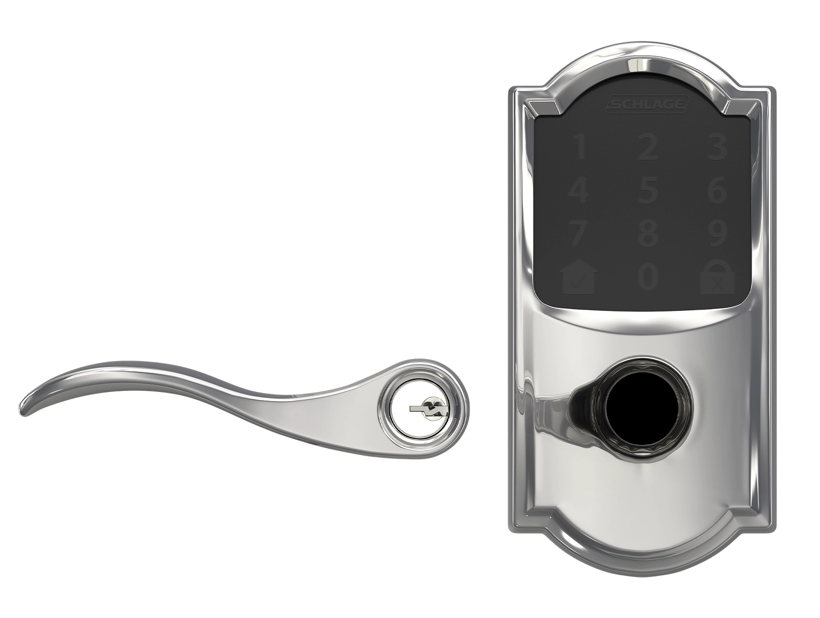 Chrome electronic door lock render with keypad off and lever pieces separated, demonstrating pre-cleanup "before" edits.