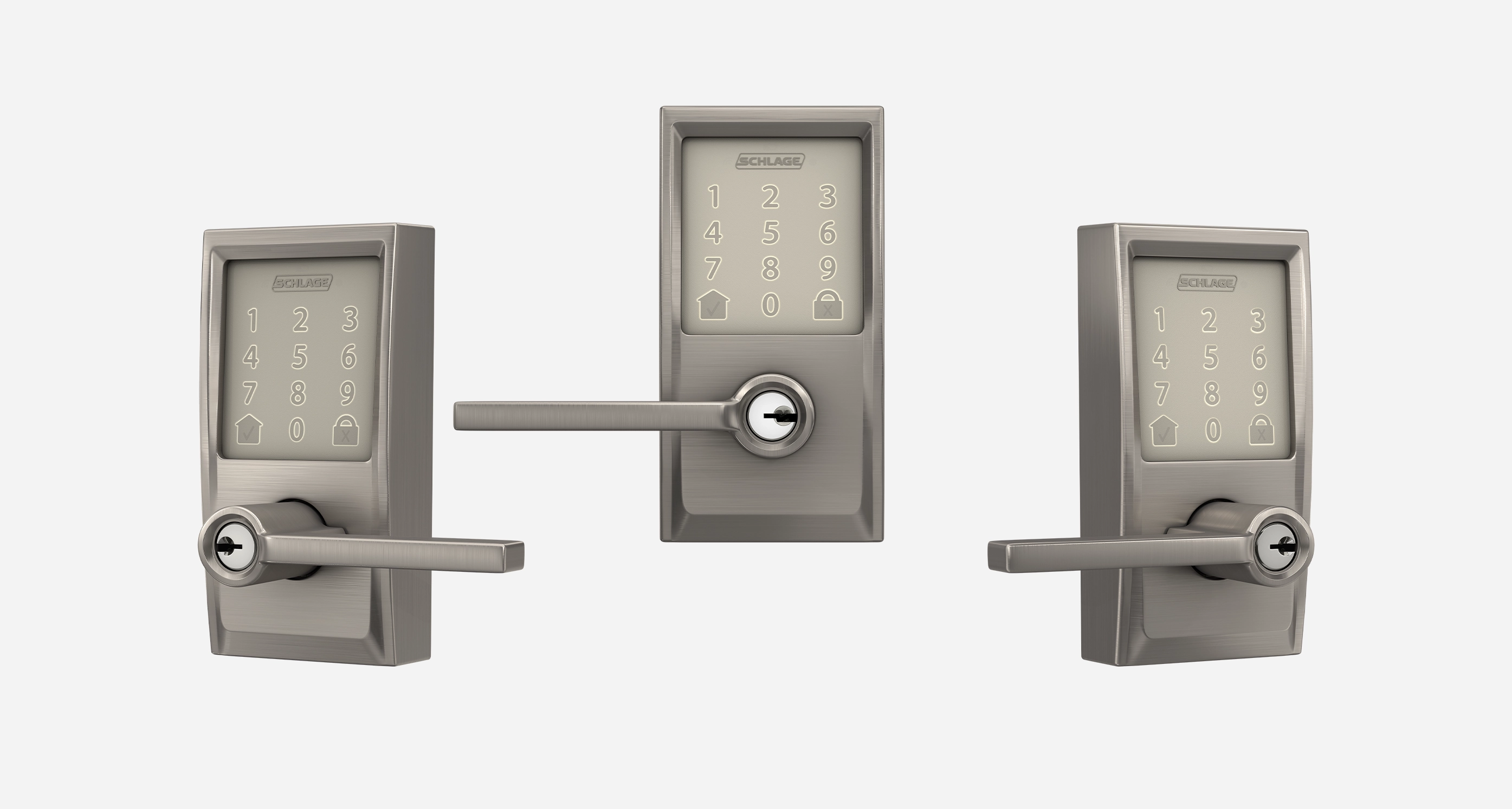 Three light satin metal smart door locks with electronic keypads and levers, arranged against a plain background at three angles.