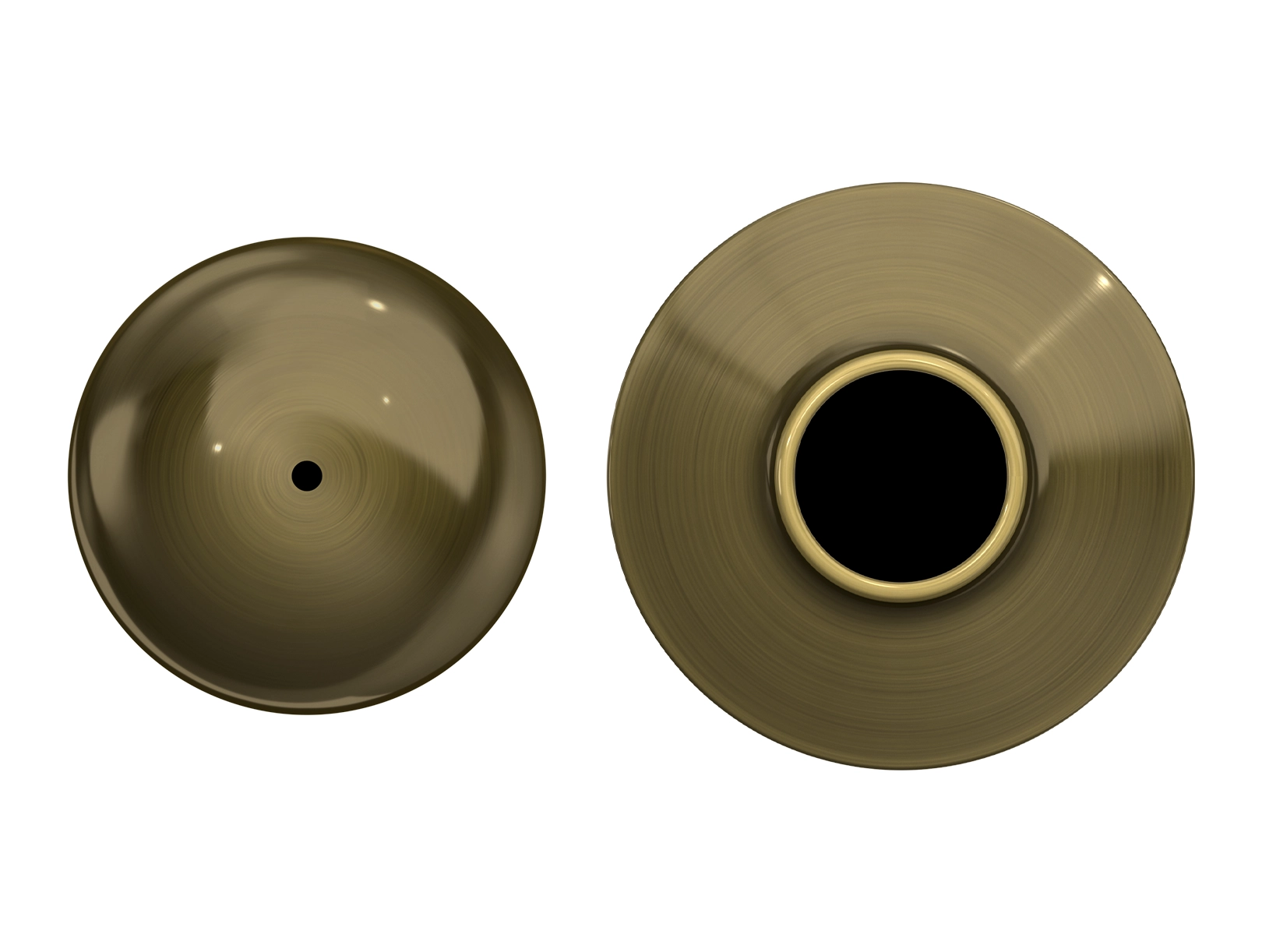 Head-on view of a bronze knob and trim piece separated, showing the cleaned-up "after" result.