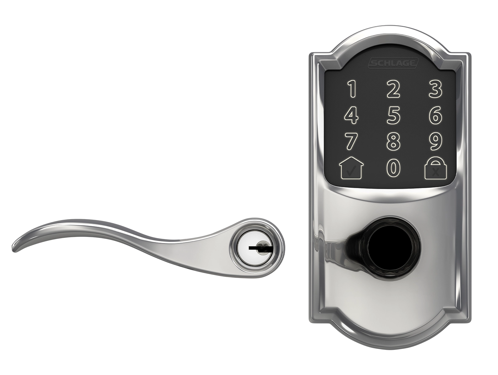 Chrome electronic door lock render with keypad and lever pieces separated, demonstrating cleaned up "after" edits.
