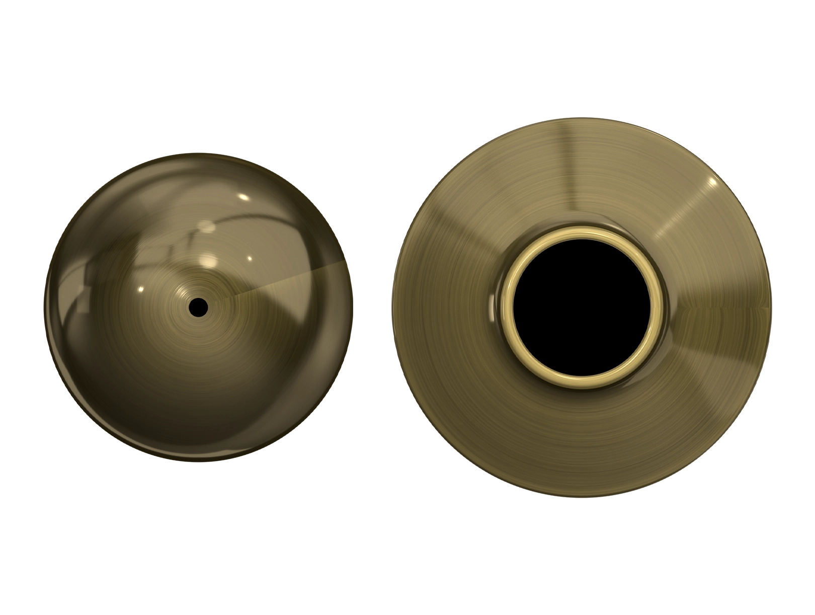 Head-on view of a bronze knob and trim piece separated, showing the unedited "before" phase.