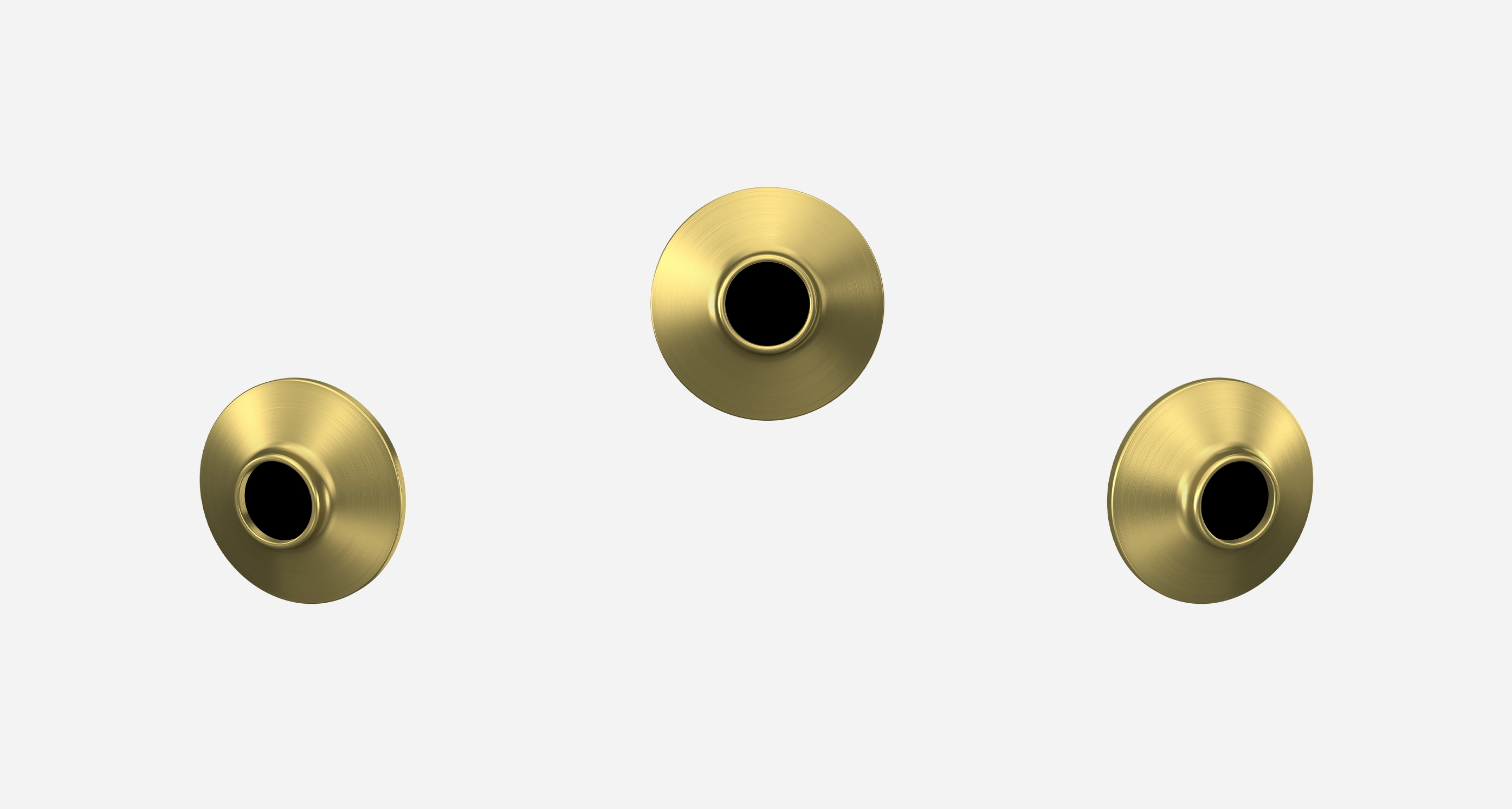 Three satin brass trim pieces with no lever and displayed at three angles on a white background.