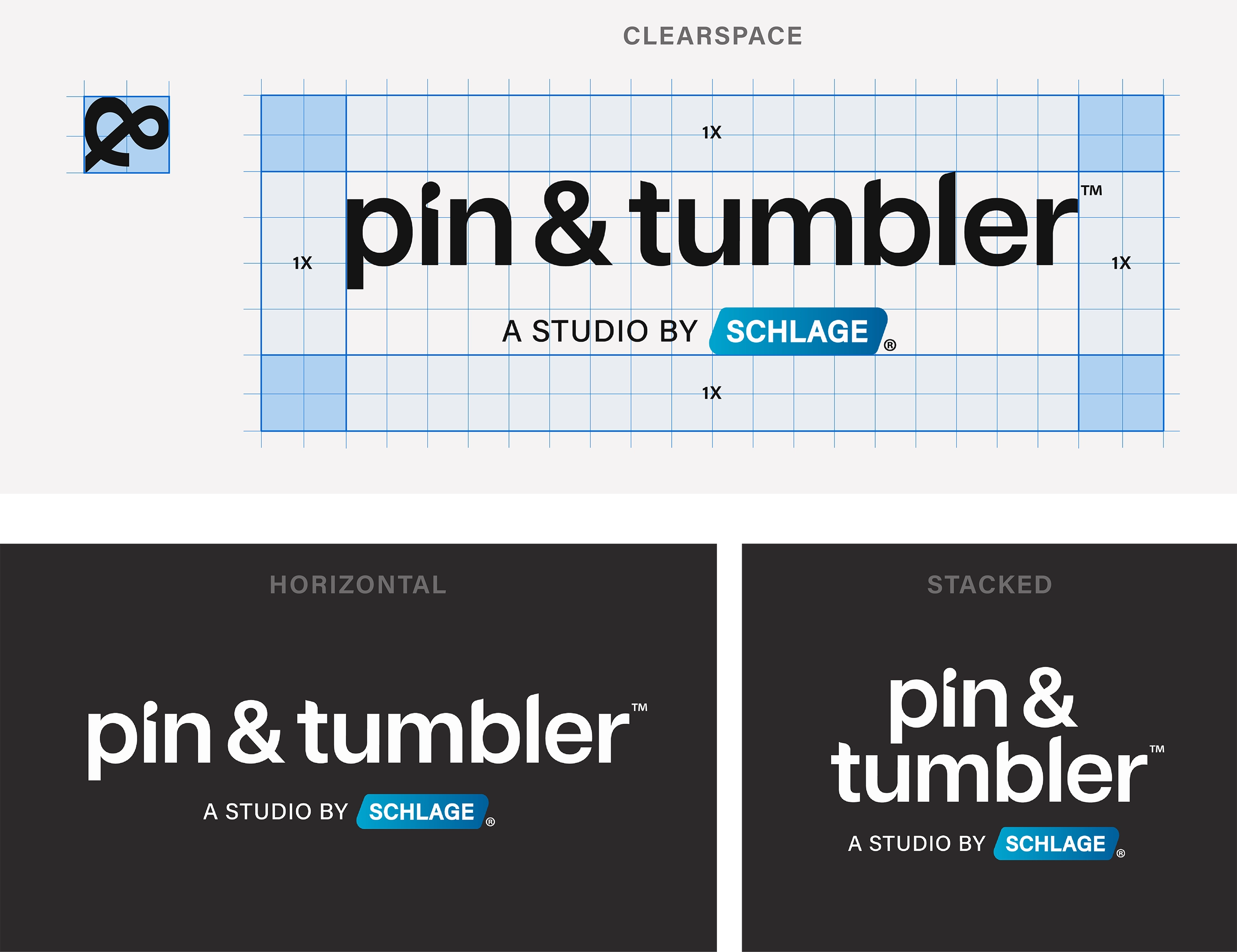 Pin & tumbler logo with blueprint styled clearspace guidelines on white and horizontal and stacked versions of the logo on a soft black.