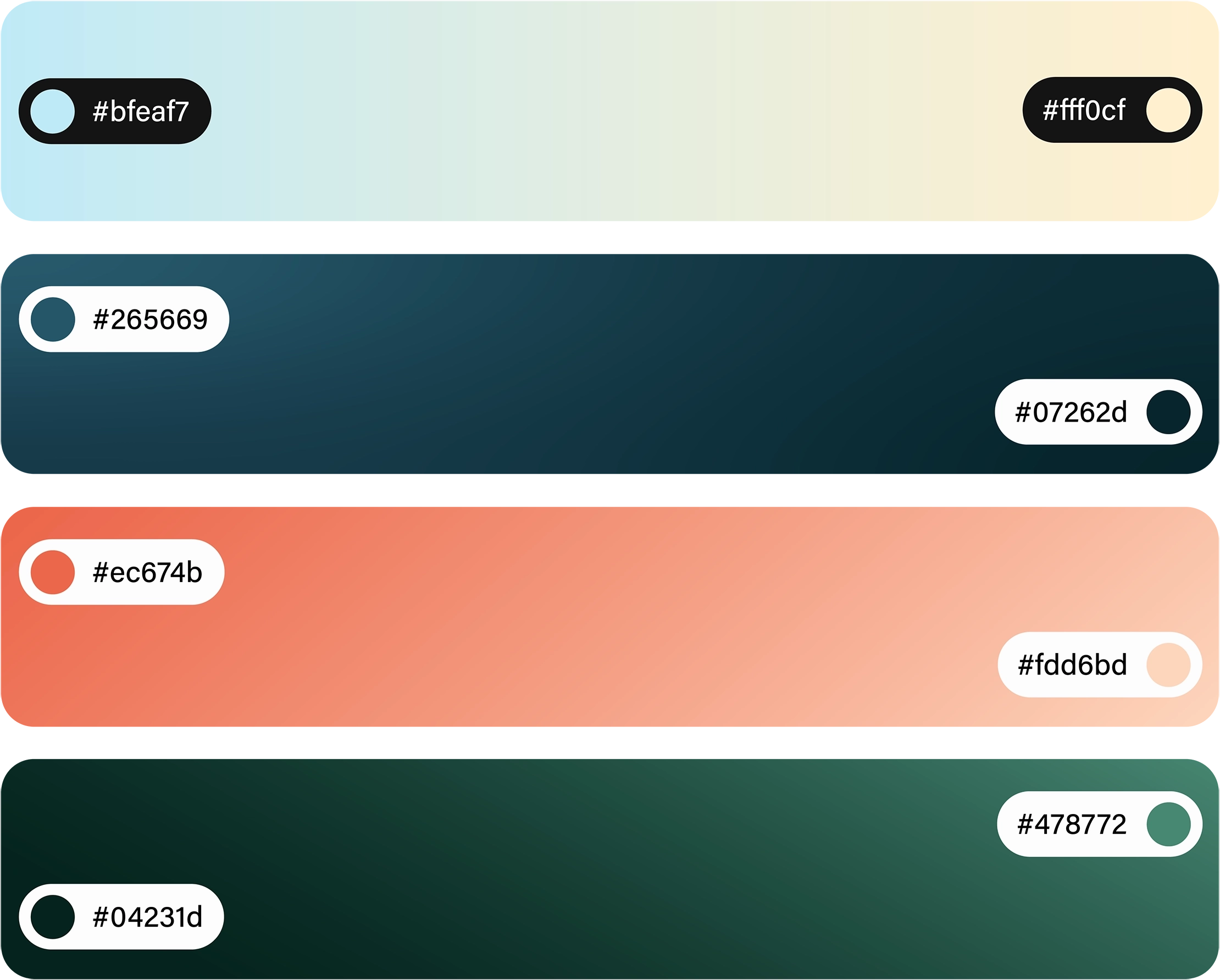 Four horizontal gradient color bars with color codes: light blue #bfeaf7 to pale cream #fff0cf; dark teal #265669 to deep blue #07262d; coral #ec674b to peach #fdd6bd; and dark green #04231d to muted green #478772.