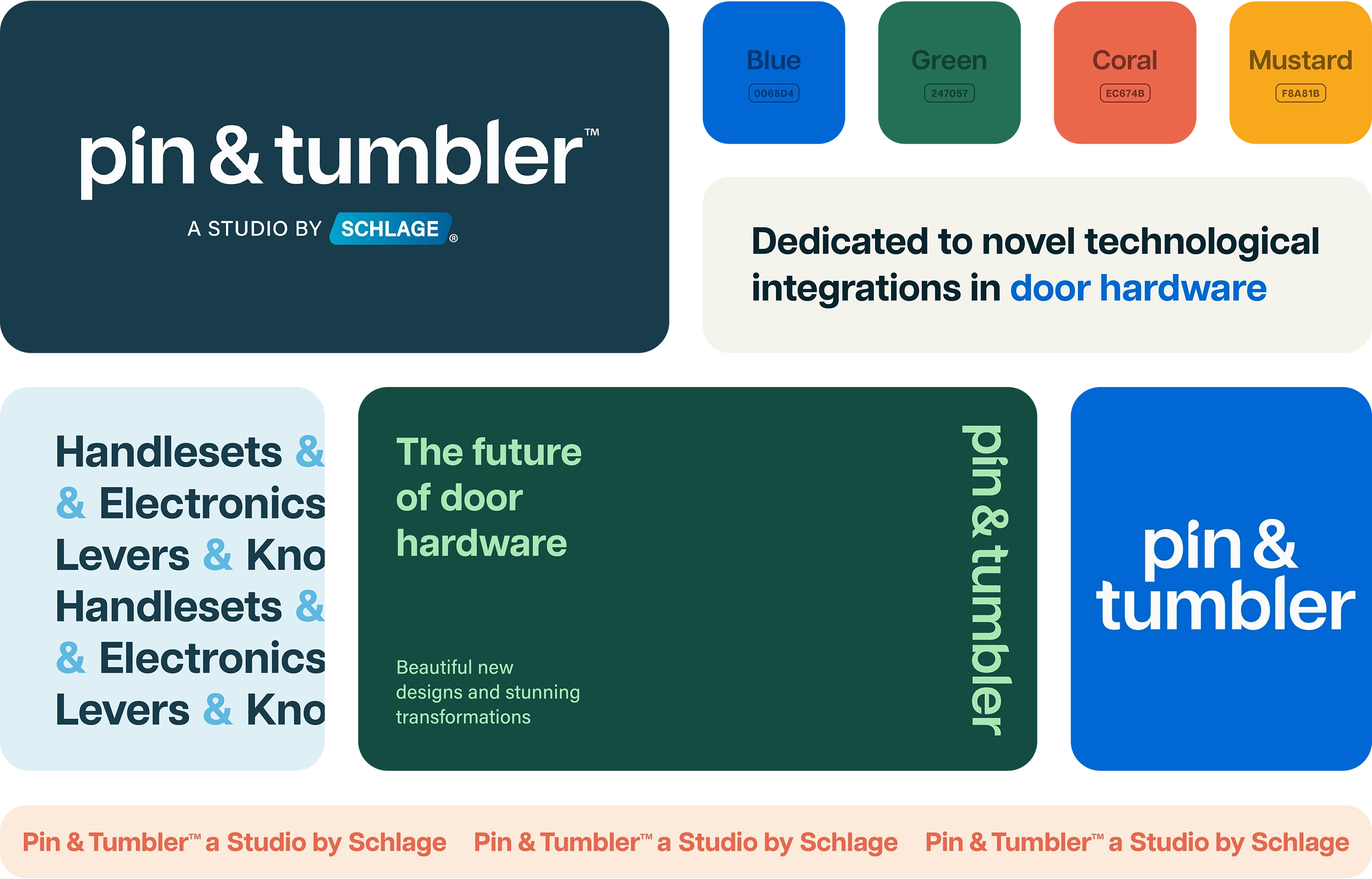 Pin & Tumbler branding collage with color swatches in blue, green, coral, and mustard and text highlighting novel technological integrations in door hardware.