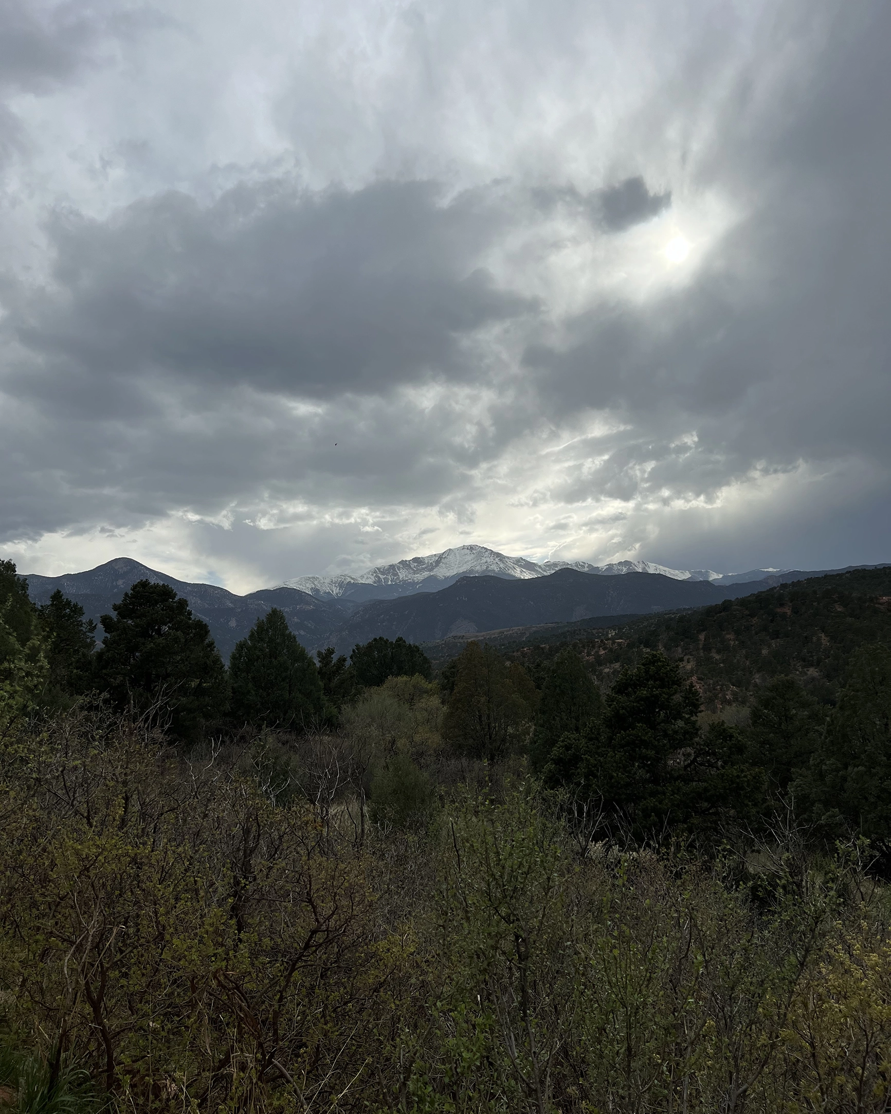 Powerful view of snow-capped mountain range under a cloudy sky with sun partially visible, surrounded by dense forest and shrubbery.