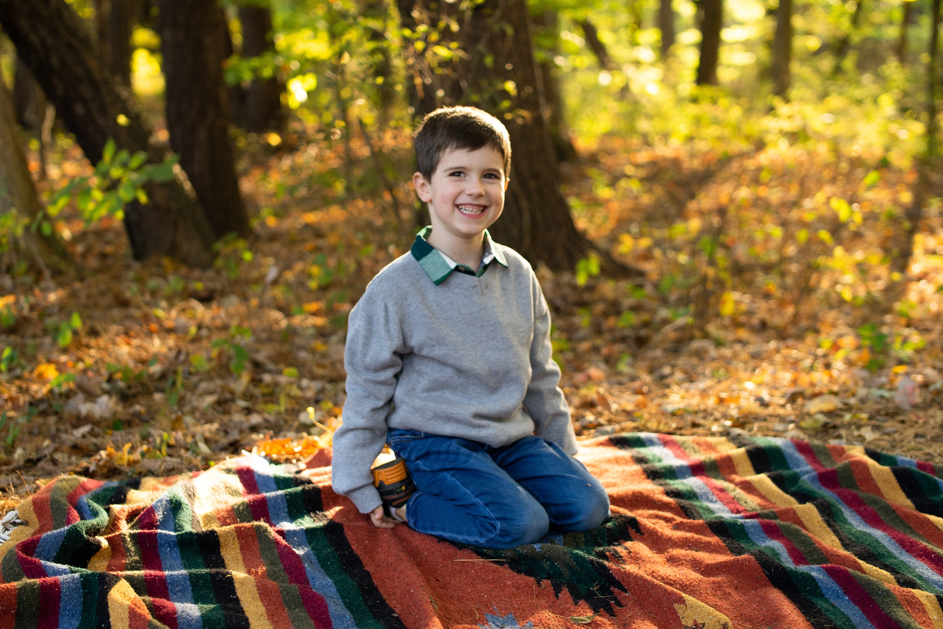 Smiling young boy kneeling on a colorful striped blanket in a sunlit forest with fallen leaves.