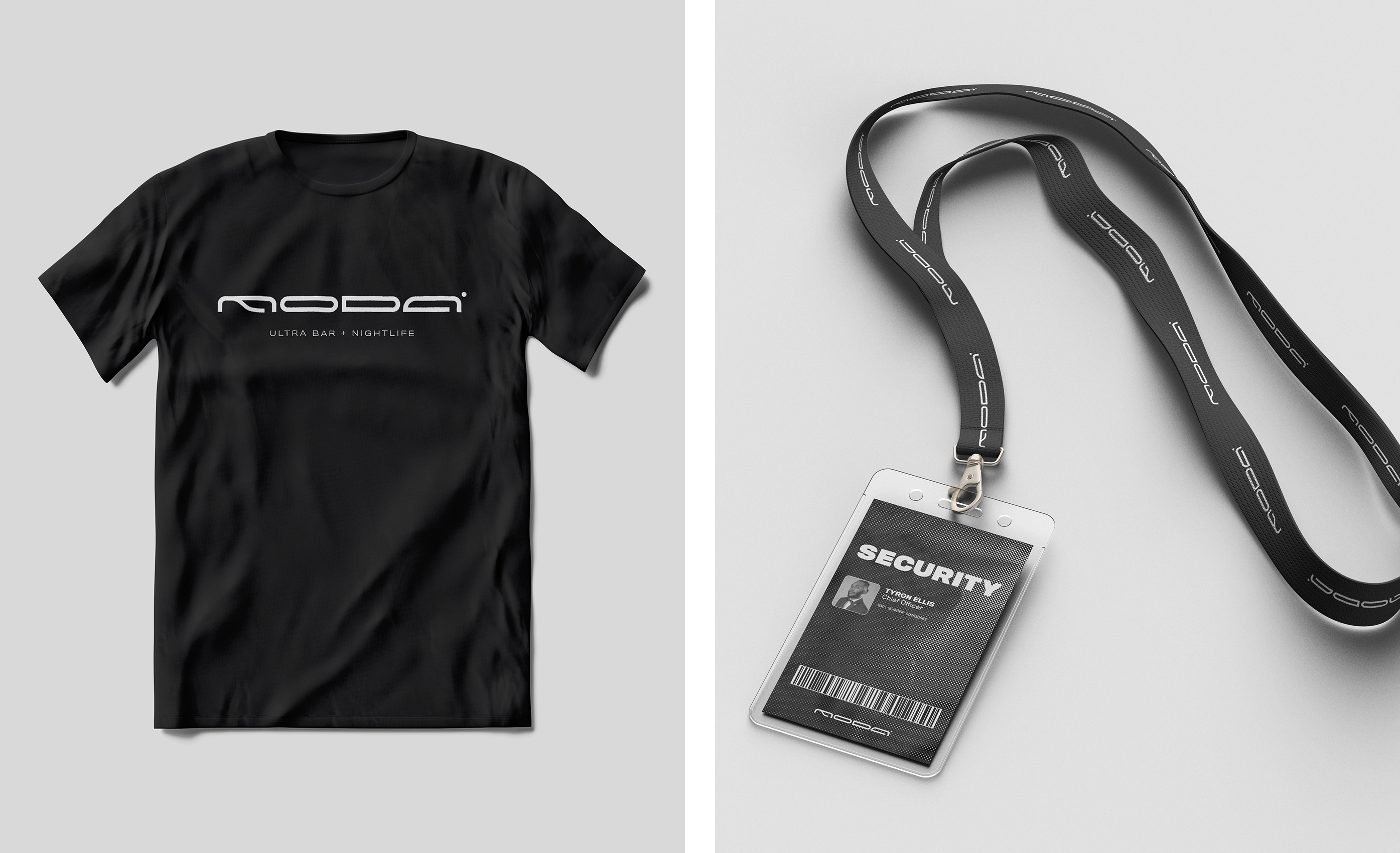 Black t-shirt with white 'moda Ultra Bar + Nightlife' logo next to a black lanyard with a security badge displaying the same logo.