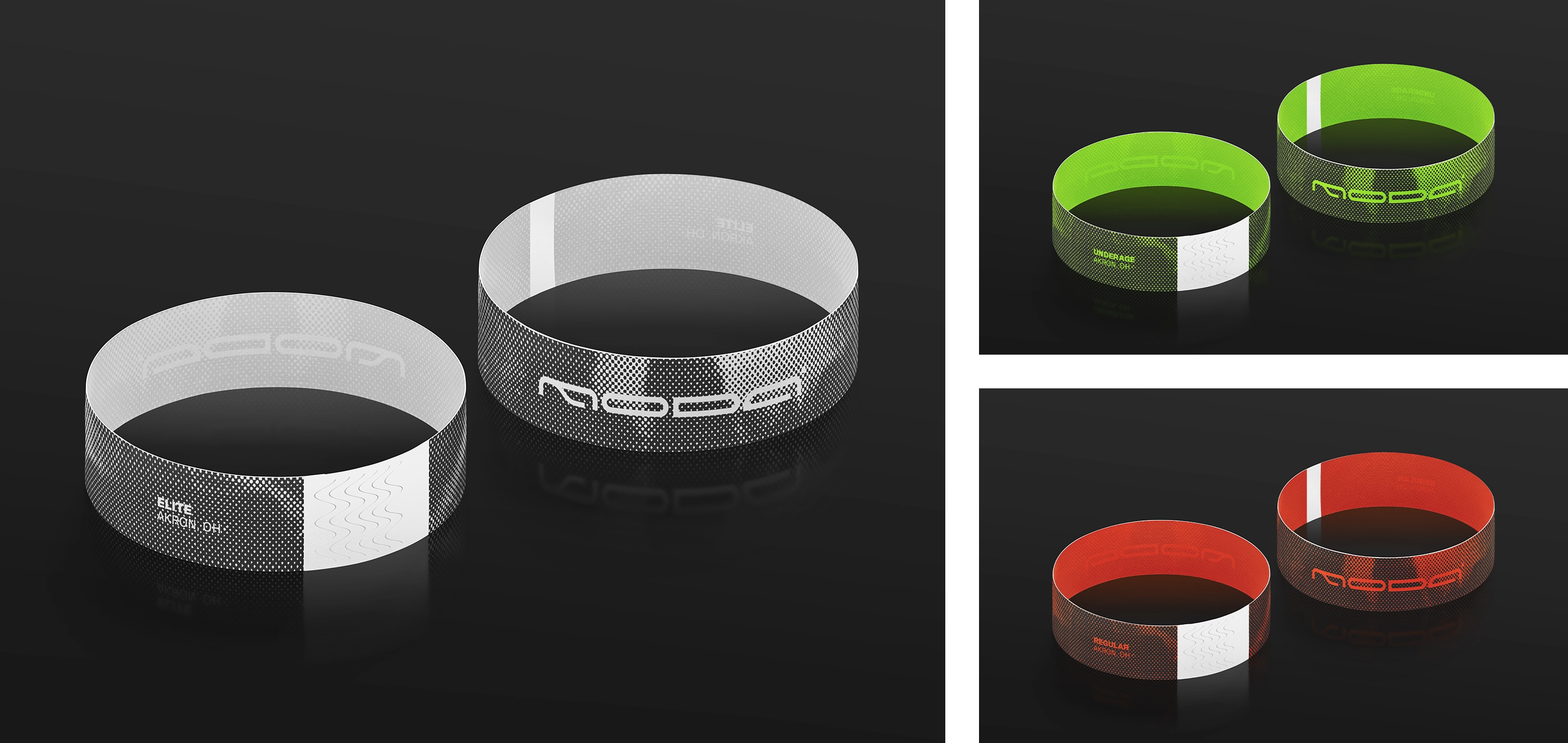 Three pairs of club wristbands in black and white, neon green, and orange with MODA logo printed on them, displayed on a black reflective surface.