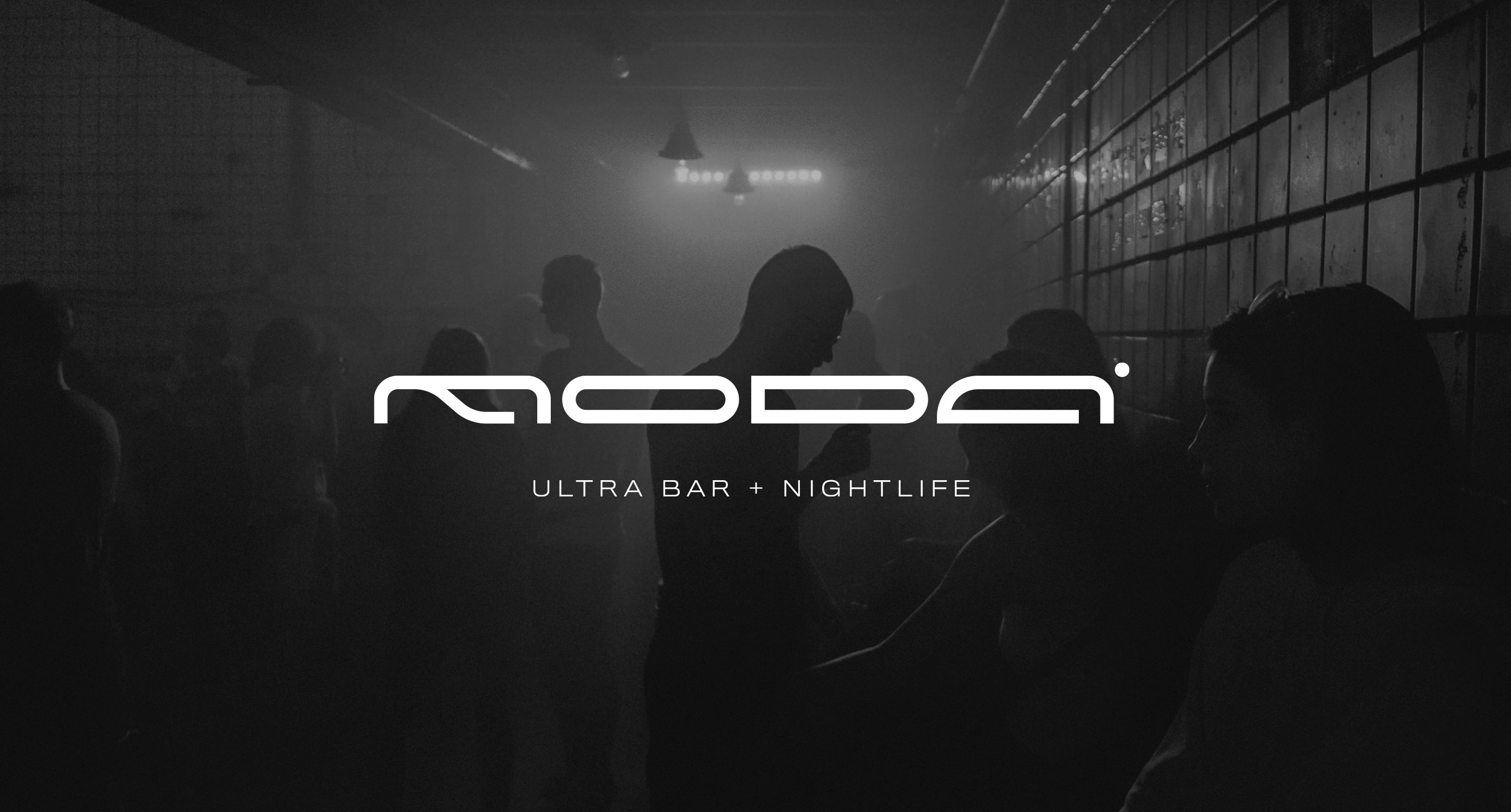Silhouettes of people socializing in a dimly lit bar with the text 'MODA ULTRA BAR + NIGHTLIFE' overlaid.