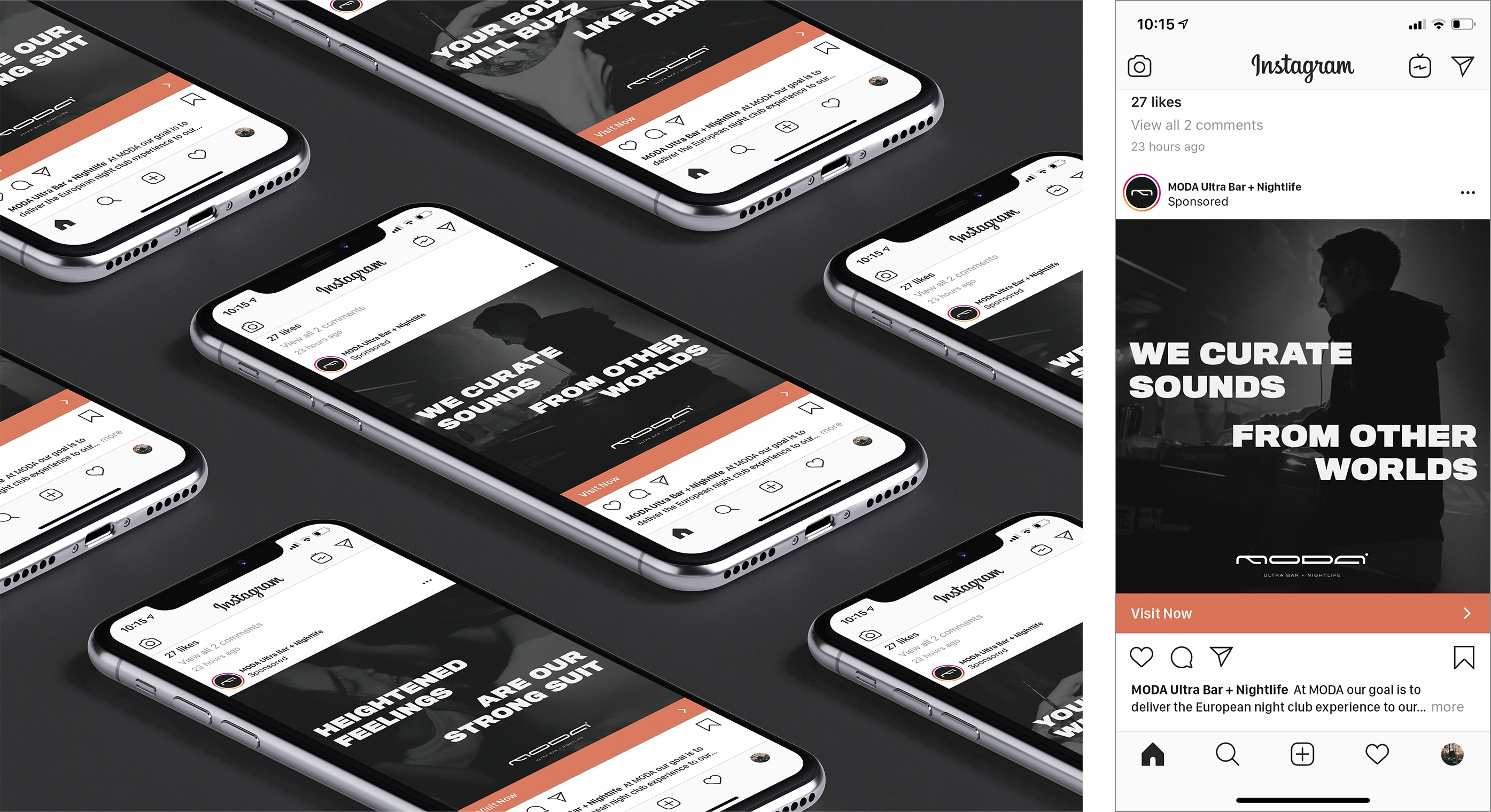 Instagram post on a smartphone showing a black and white photo of a DJ with bold white text reading 'WE CURATE SOUNDS FROM OTHER WORLDS' and a MODA Ultra Bar + Nightlife logo.