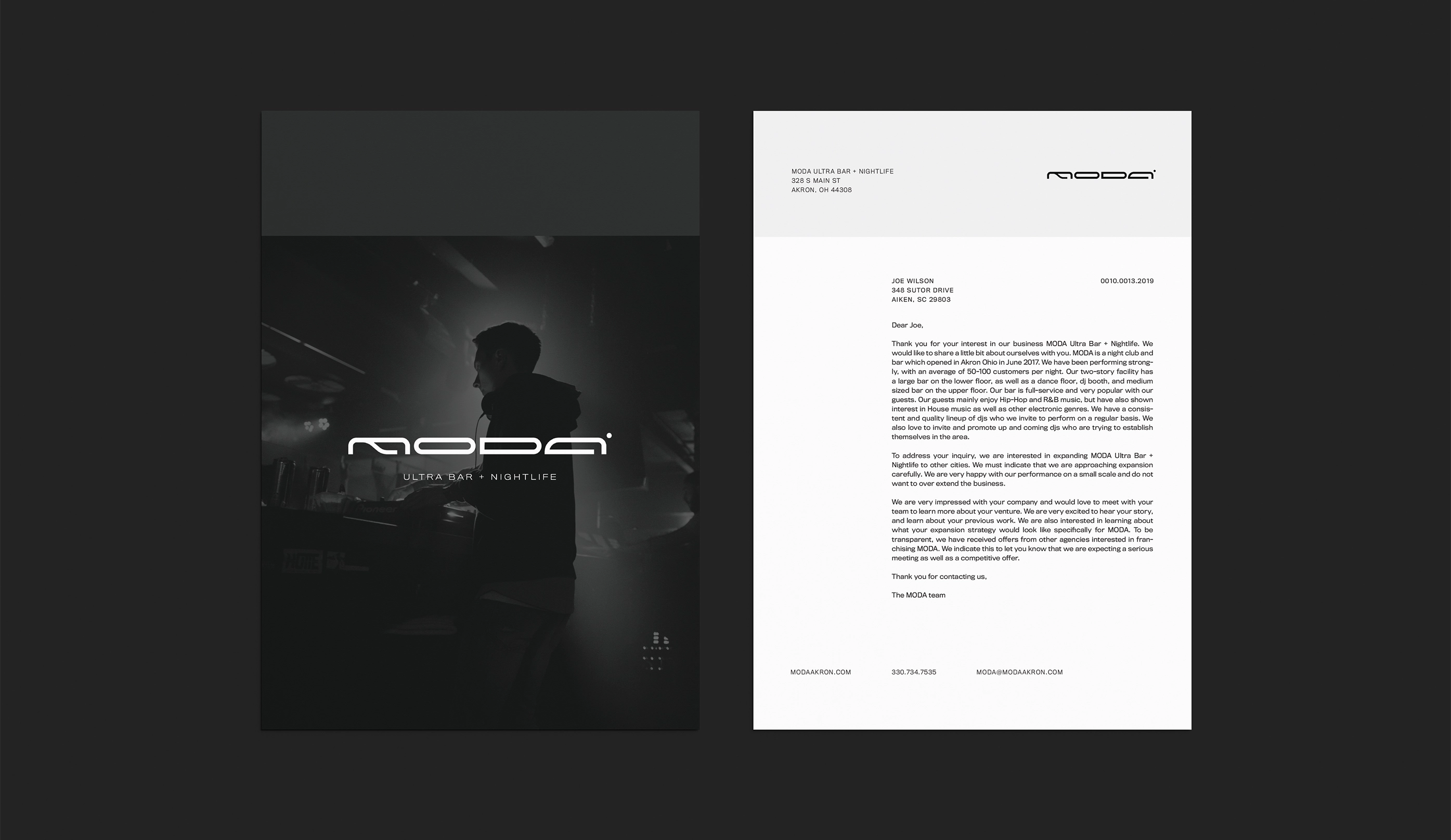 Front and back of a business cover letter with a black and white photo of a DJ at a nightclub with 'MODA Ultra Bar + Nightlife' logo on the left, and formatted letter on the right.