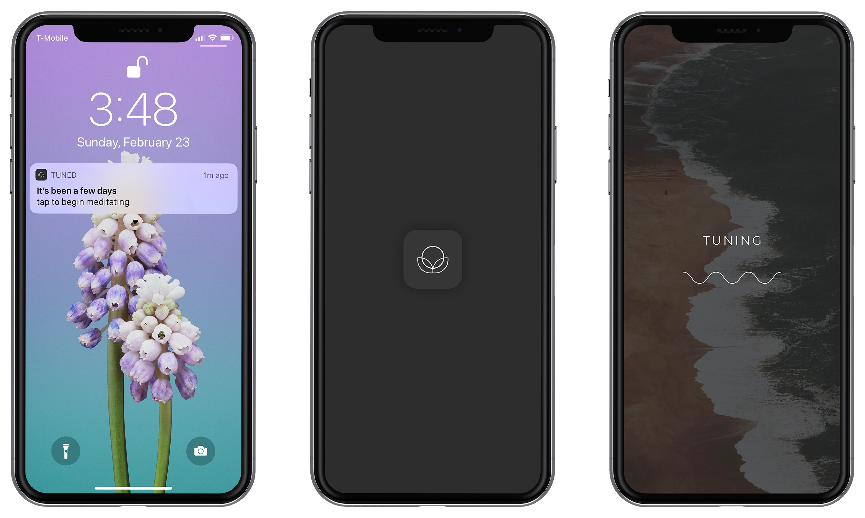Three smartphones side by side showing a lavender flower on lock screen with a meditation app notification, a meditation app loading screen with a thin line geometric leaf icon on dark background, and an ocean shore with the word TUNING and a wave line graphic.
