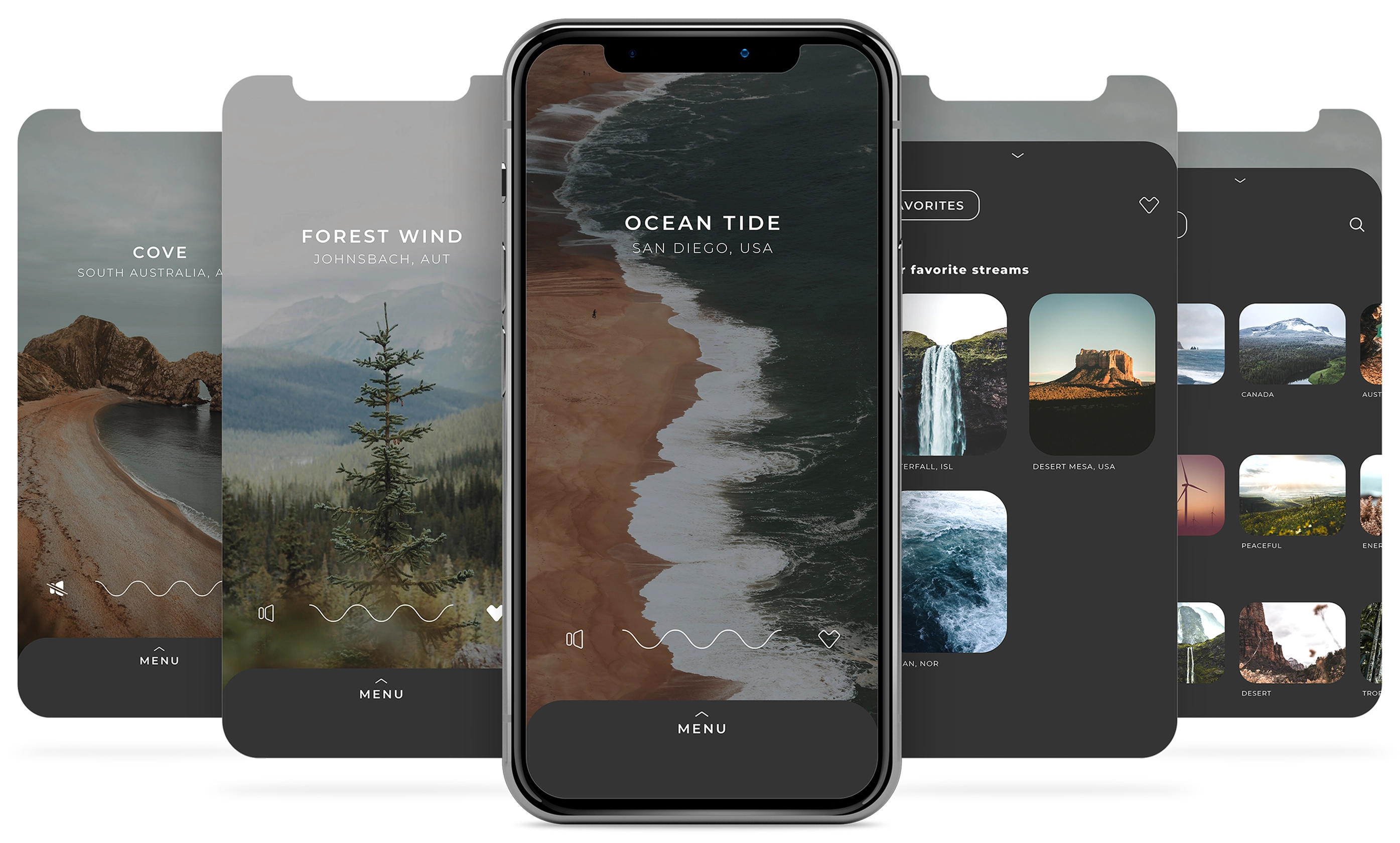Smartphone showing an app with nature soundscapes including ocean tide, forest wind, and cove, with menu and sound control icons.