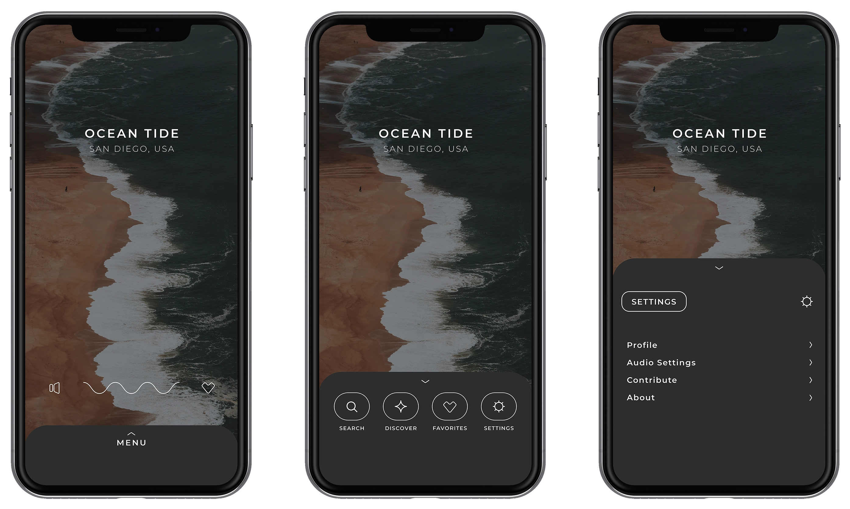 Mobile app interface showing 'Ocean Tide San Diego, USA' with a beach and ocean background, transitioning from menu button to navigation icons to settings menu.