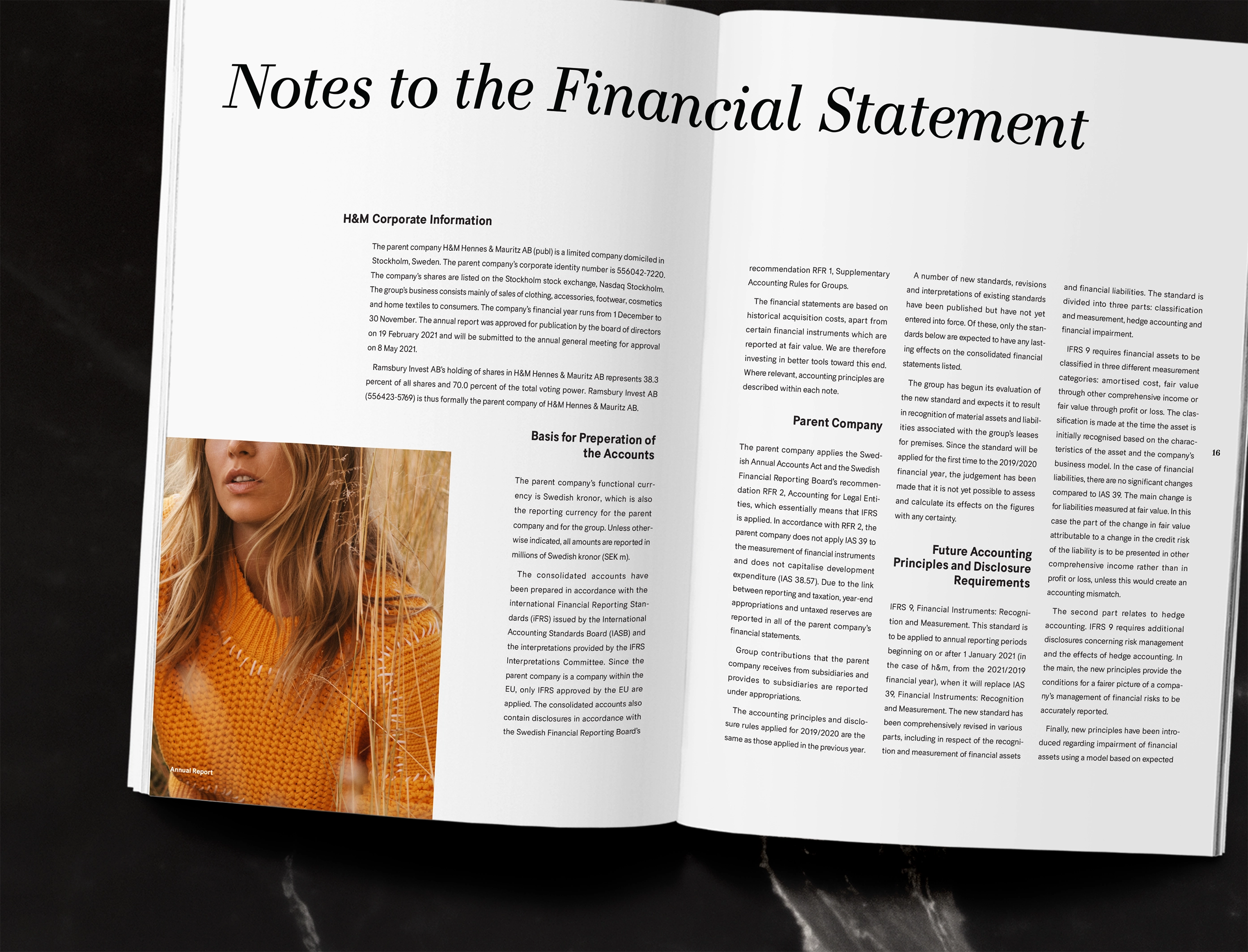 Open booklet spread titled 'Notes to the Financial Statement' featuring a photo of a blonde woman in an orange sweater and several sections of corporate financial text for H&M.