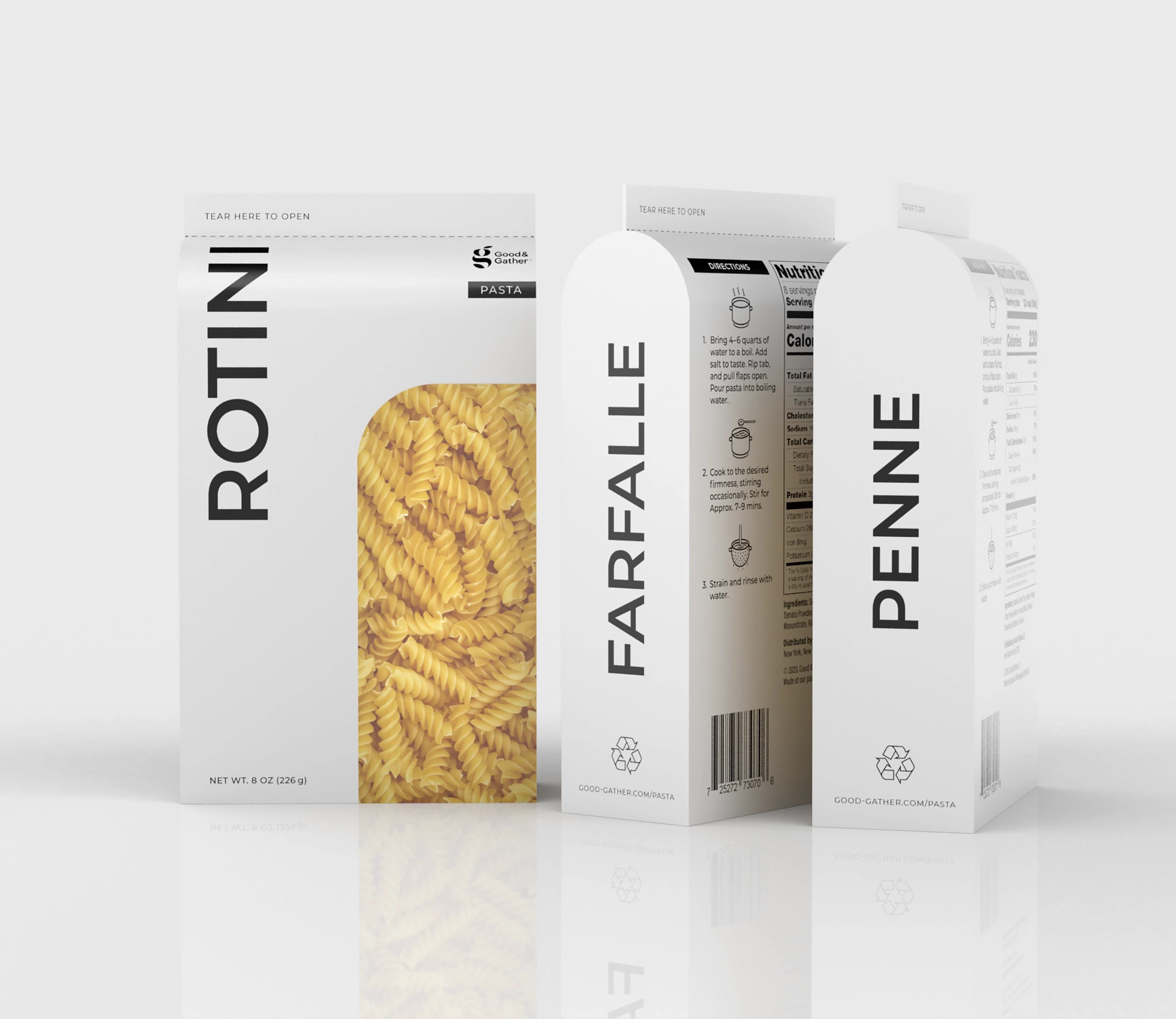 Three simplistic geometric white pasta boxes labeled Rotini, Farfalle, and Penne, with visible rotini pasta inside the Rotini box.