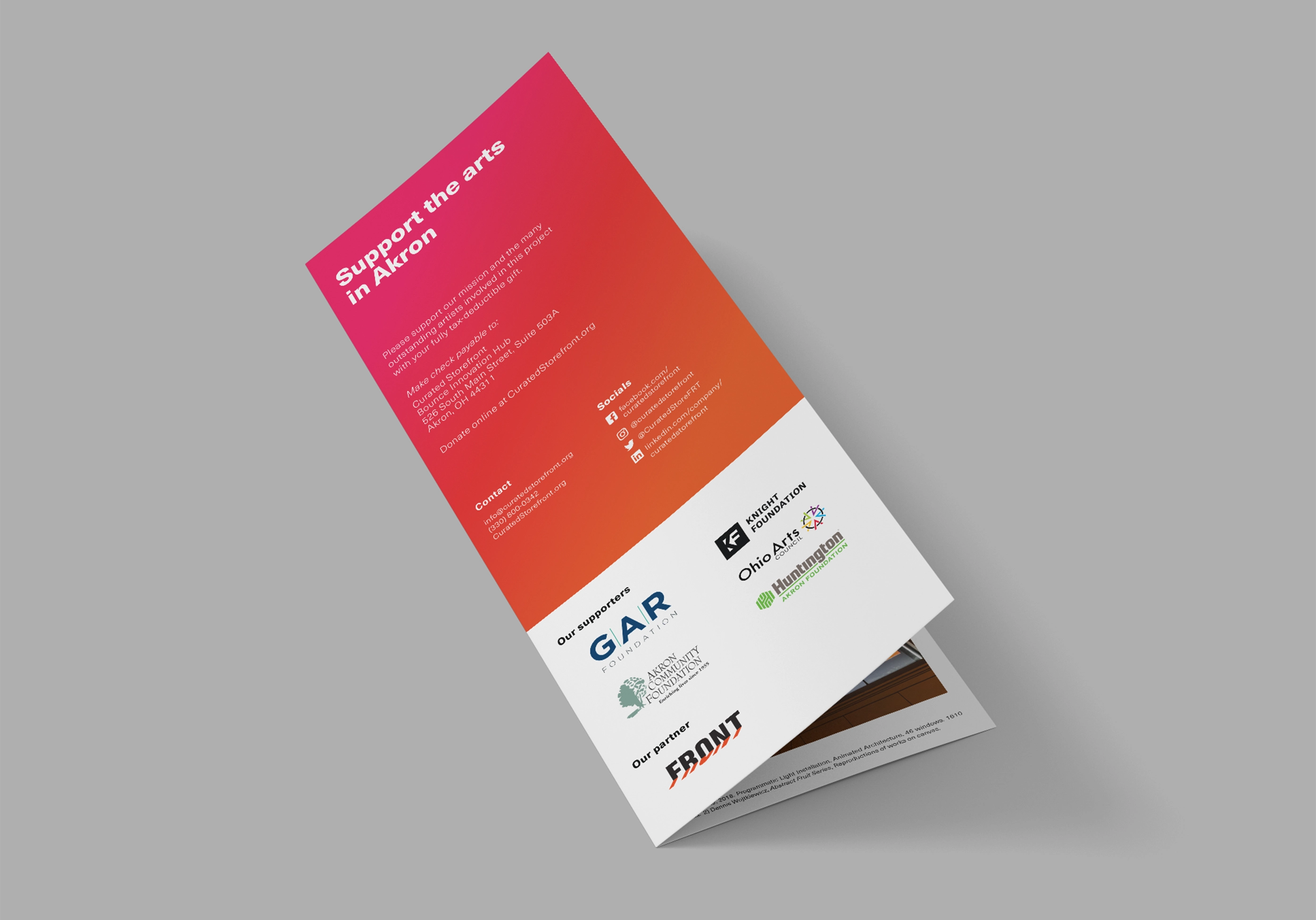 Folded flyer with gradient background promoting support for the arts in Akron, listing donation info, social media, supporters, and a partner logo.