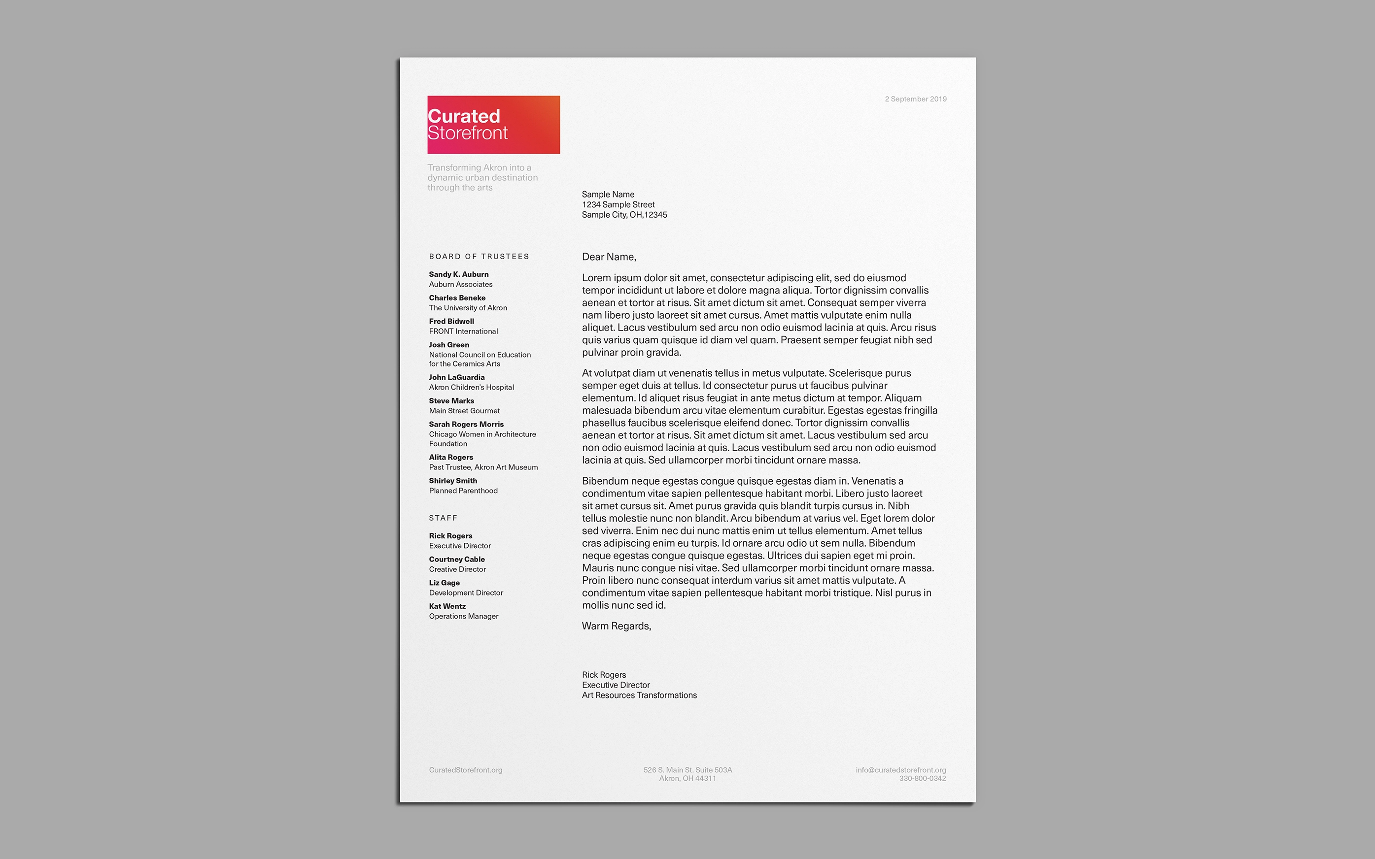 Letterhead for Curated Storefront with board of trustees and staff names on left and a formal letter body on the right.