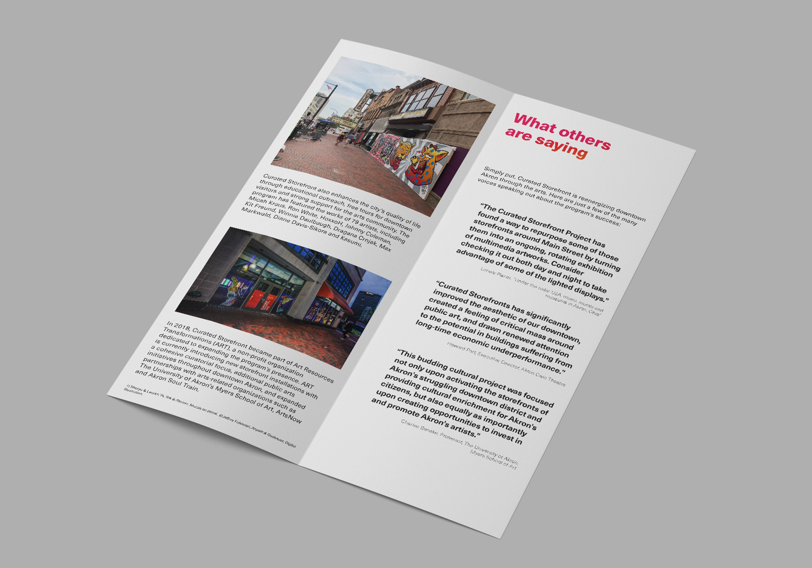 Open brochure with photos of urban murals and storefronts, featuring testimonials on the right page titled 'What others are saying.'