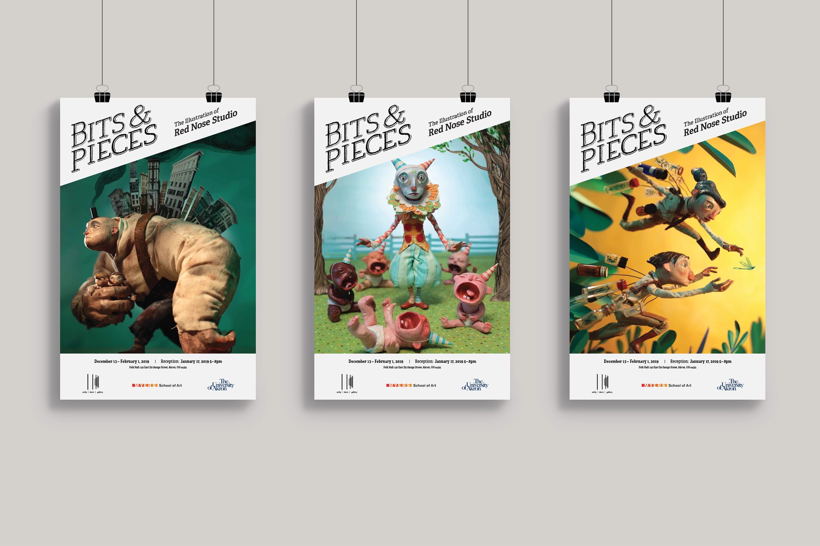 Three poster designs titled 'BITS & PIECES', featuring stylized characters including a large man with buildings on his back, a clown with crying babies, and two figures reaching for a dragonfly.