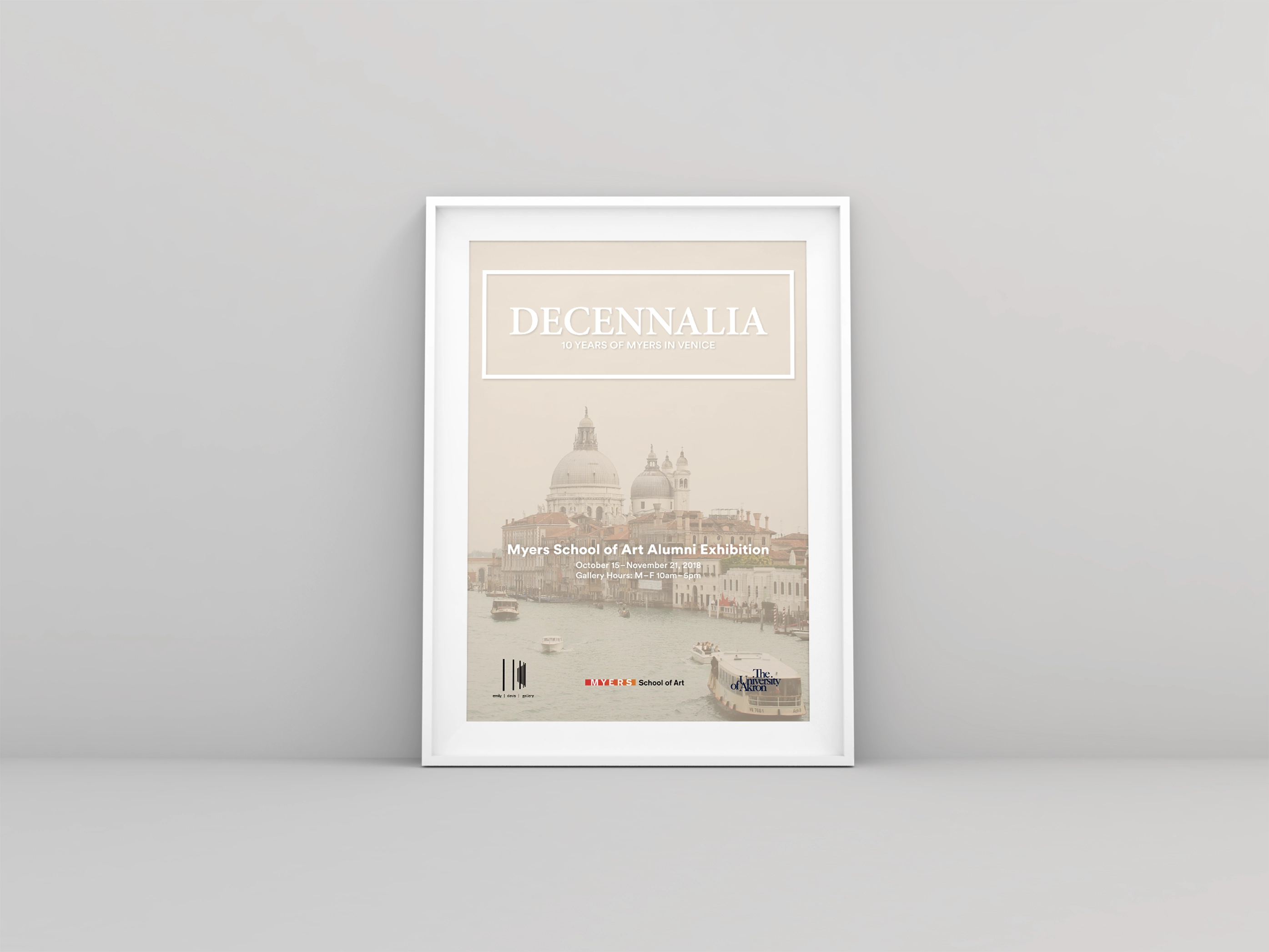 Framed poster for Decennalia, a Myers School of Art Alumni Exhibition in Venice featuring a canal scene with boats and historic buildings.