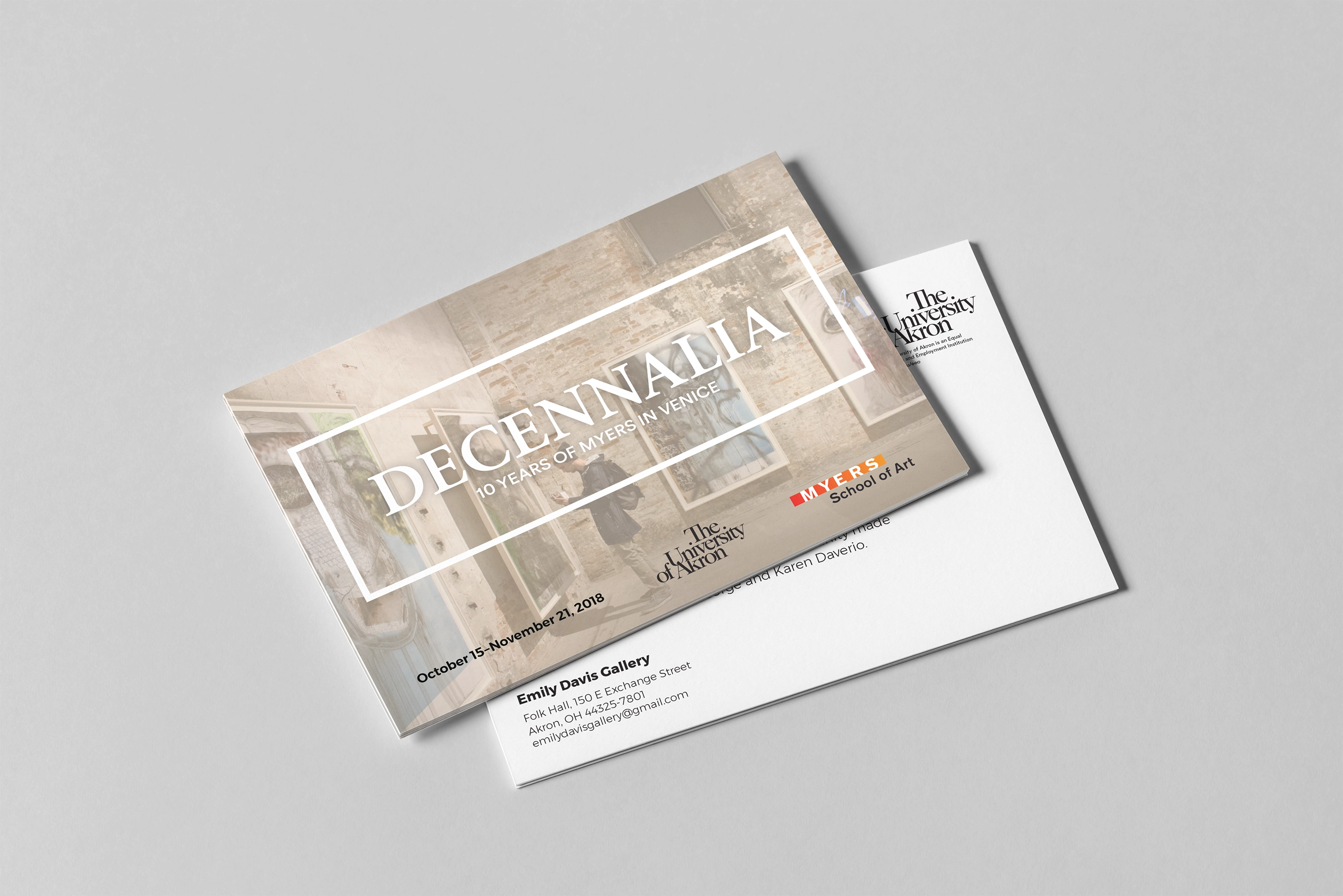 Invitation card for Decennalia exhibition with images of artwork on a gallery wall, hosted by The University of Akron Myers School of Art, dated October 15 – November 21, 2018.