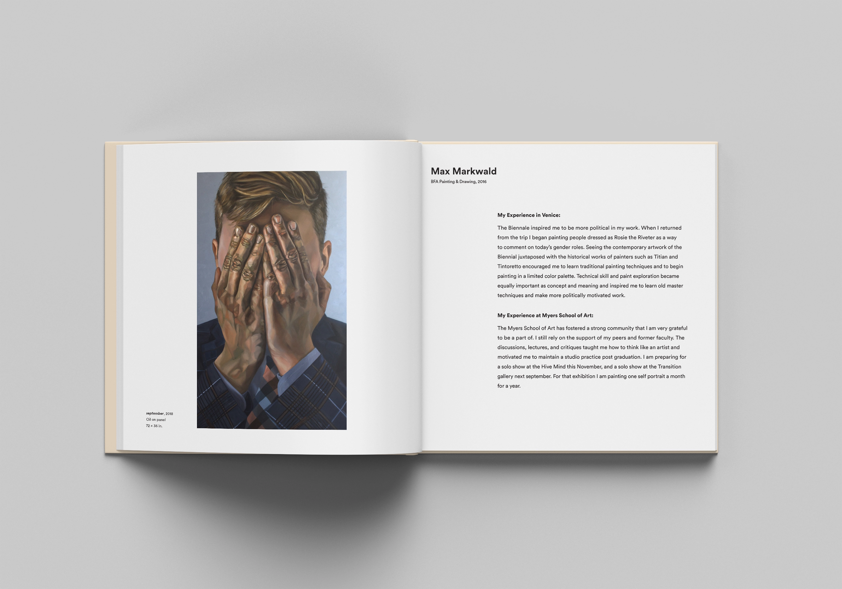 Open book showing a painting of a man covering his face with his tattooed hands on the left page and text about artist Max Markwald on the right page.