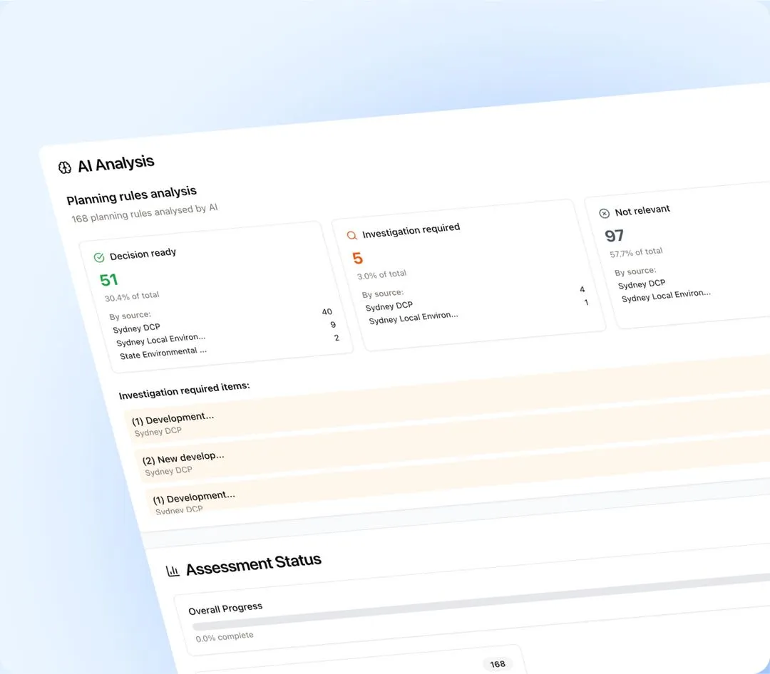 Visual of the Assess council planning tool performing AI analysis