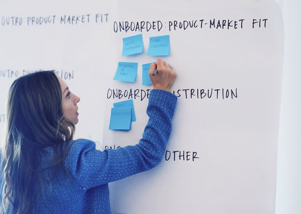 SimerVirens business strategy meeting with sticky notes on whiteboard