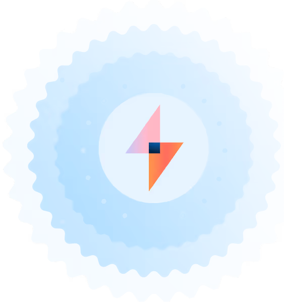 Abstract blue gear wheel with a central icon dividing a pink and orange lightning bolt shape.