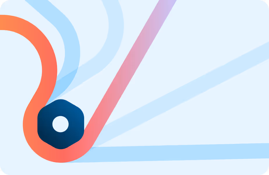 Abstract graphic with a dark blue hexagonal shape connected to curved orange and straight blue lines on a light blue background.