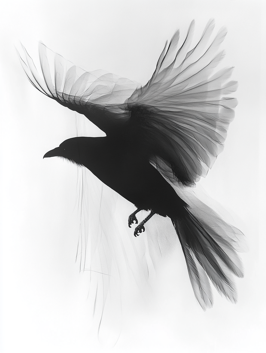Black silhouette of a bird in flight with detailed translucent wings and tail feathers against a white background.