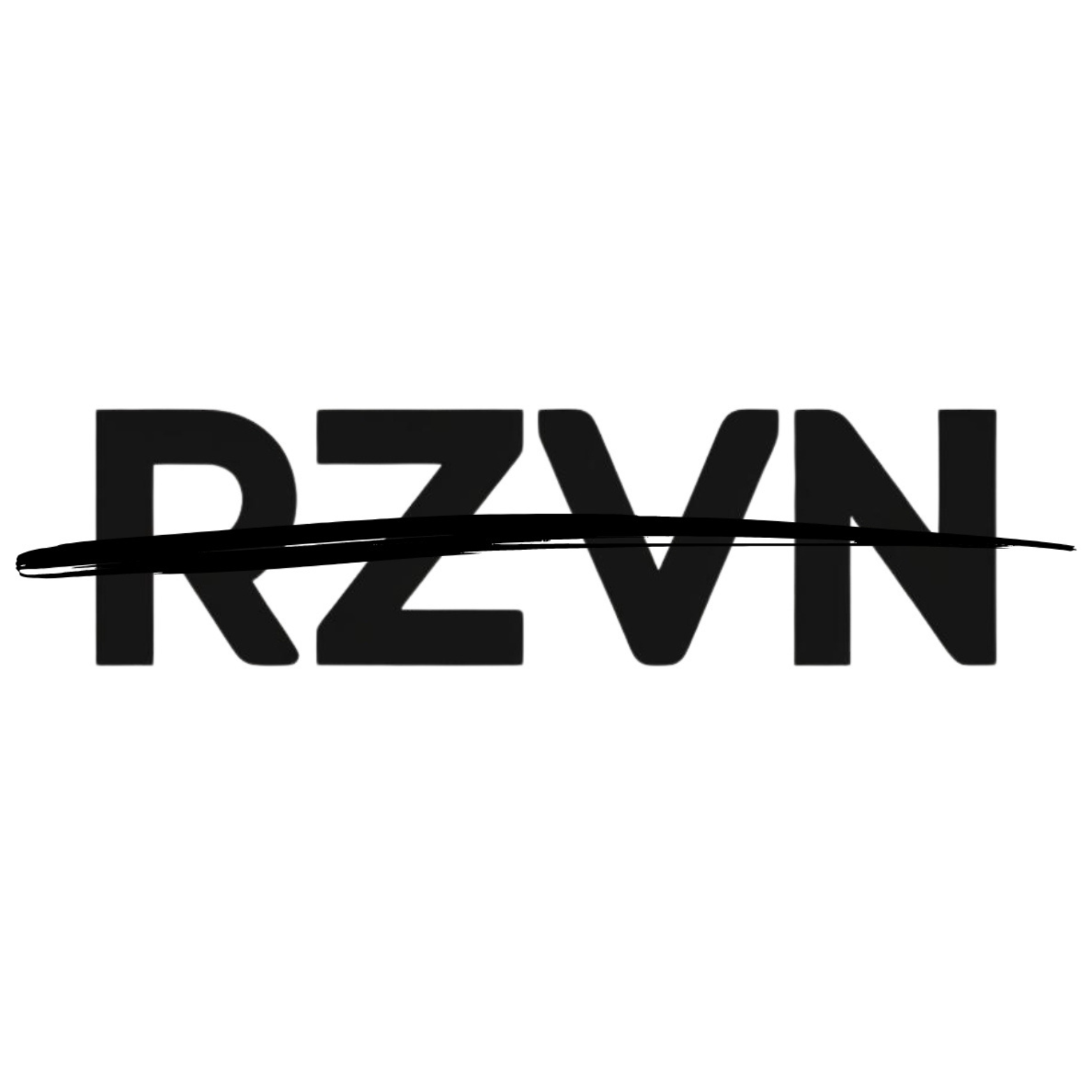 Black stylized text 'RZVN' with a bold horizontal brush stroke crossing through the middle.
