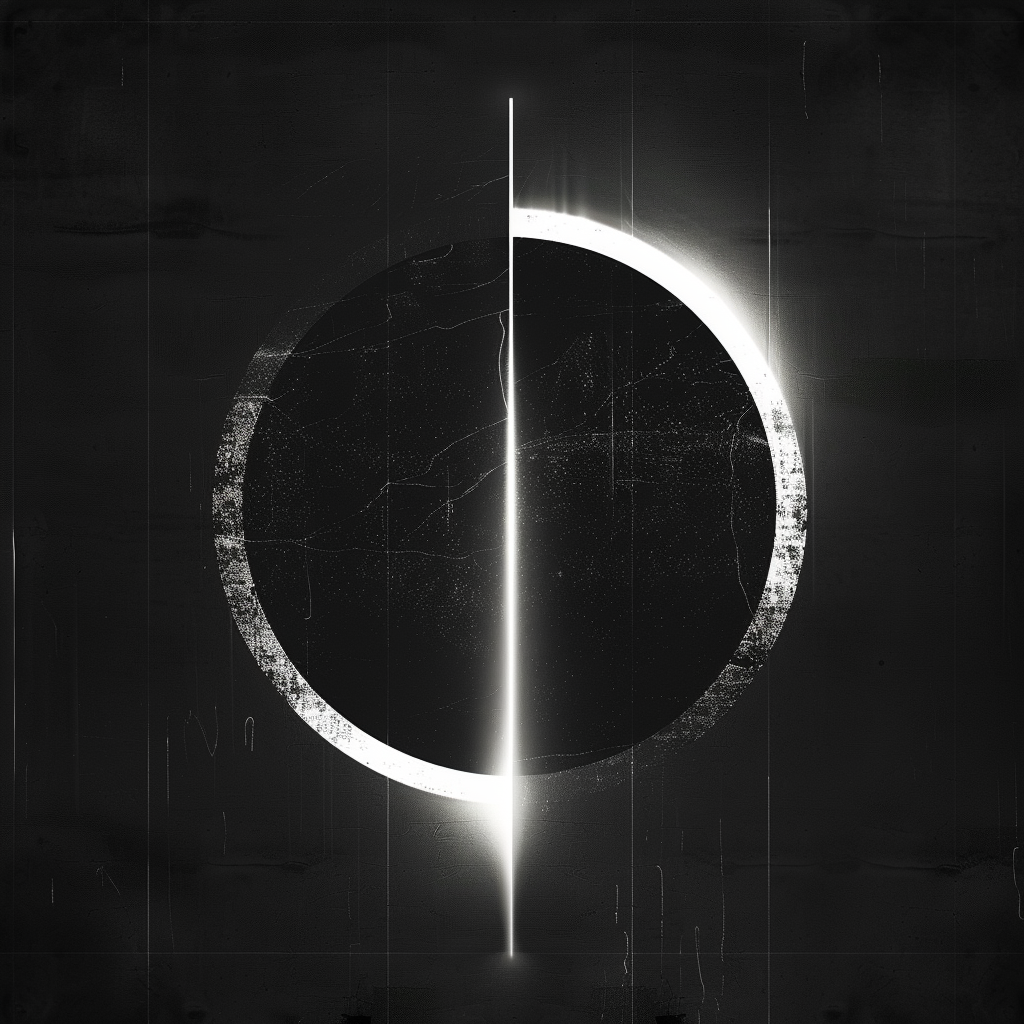 Abstract black circle partially illuminated by a vertical bright white line bisecting it, on a dark textured background.