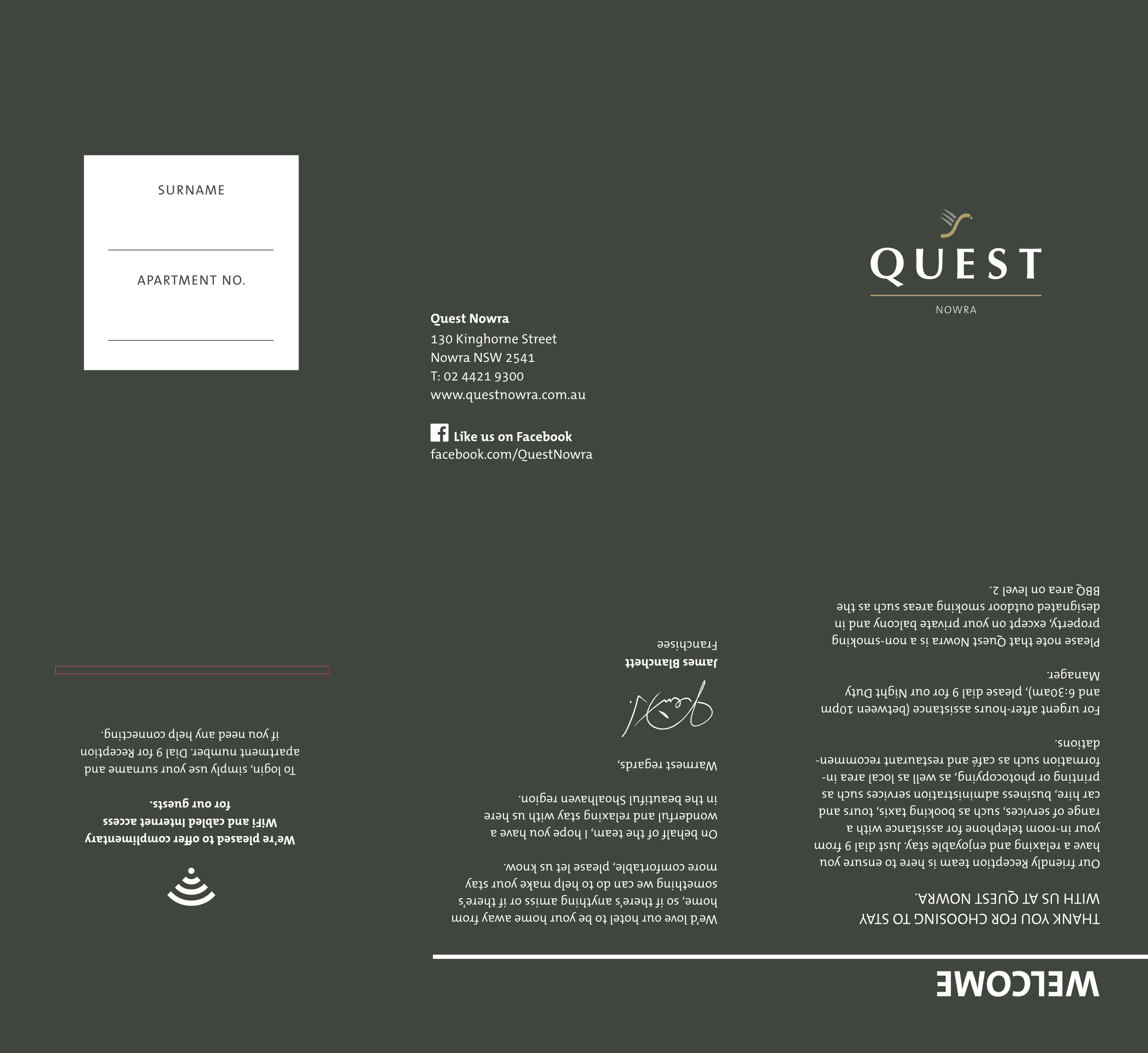 Quest Apartments Keycard Holder/Area Map brochure design (side 1)