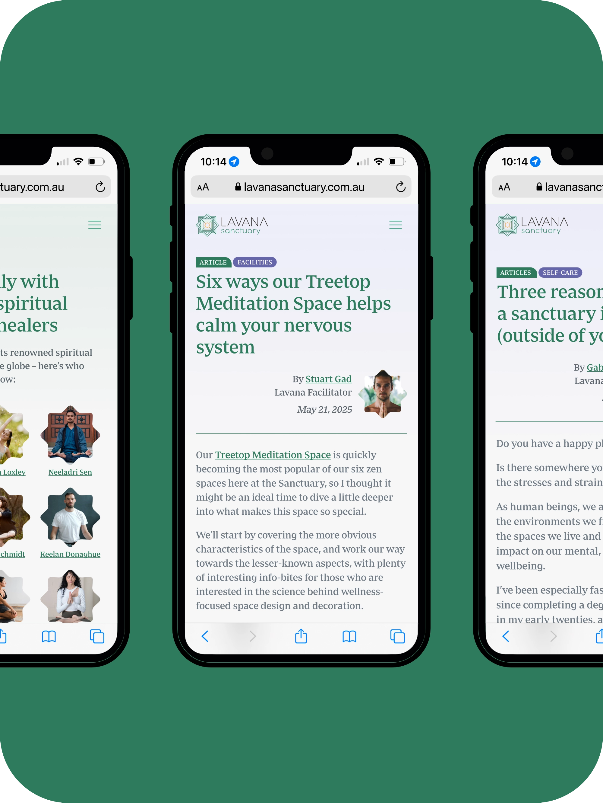 Mockup of Lavana Sanctuary mobile website design shown on three iPhone screens
