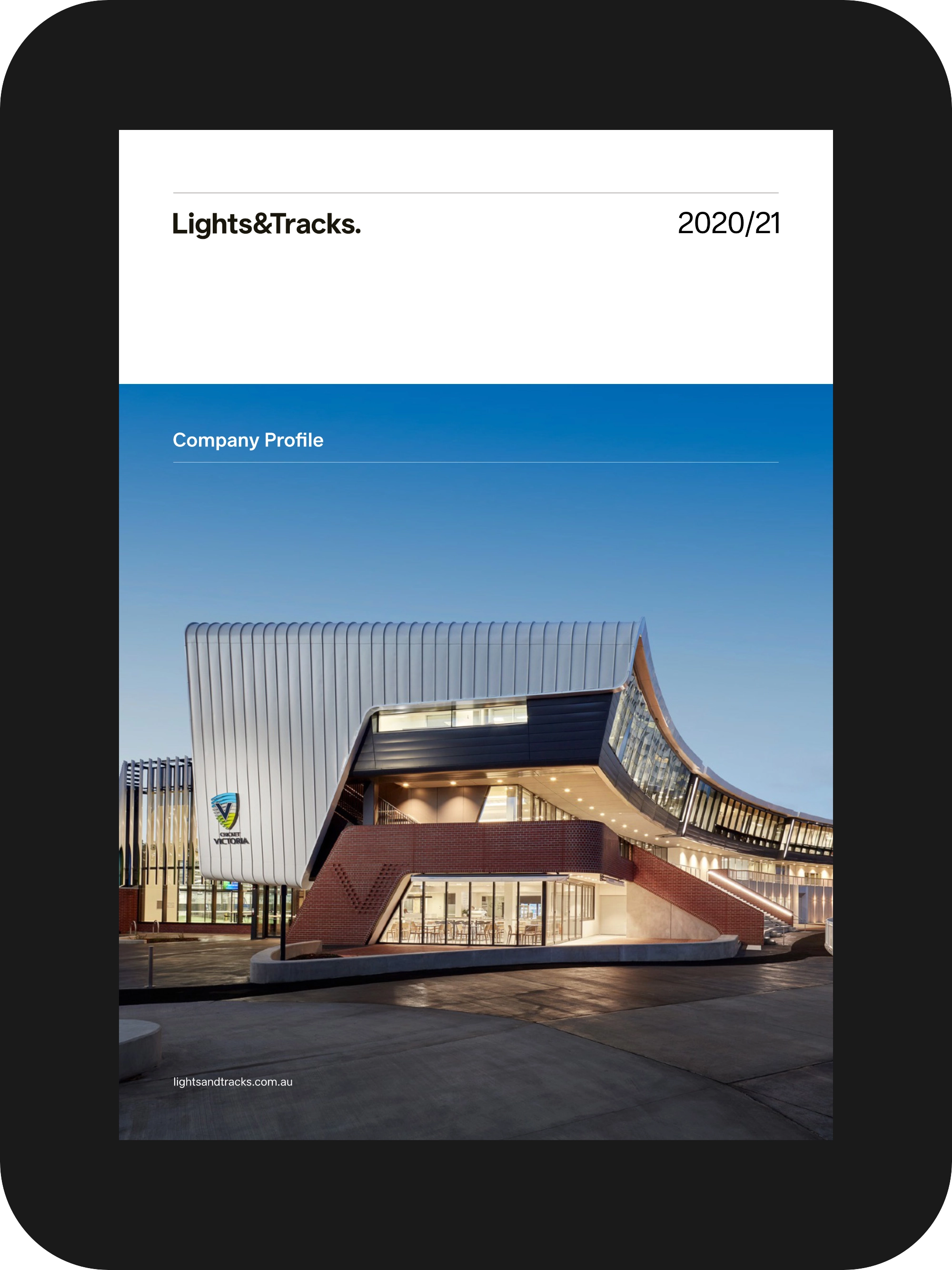 Lights&Tracks Company Profile cover design on black background