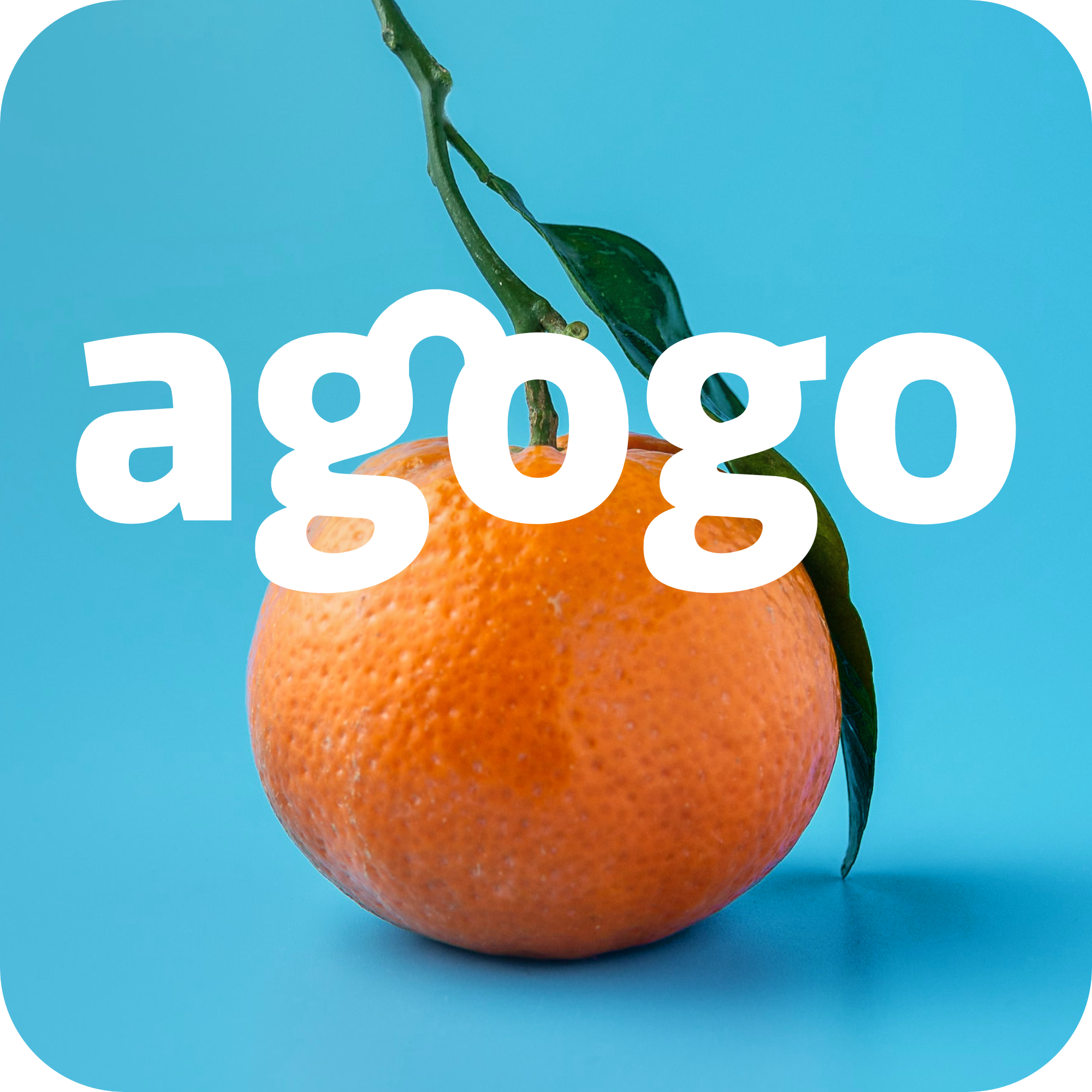 Agogo logo in white on a light blue background depicting a vibrant mandarin
