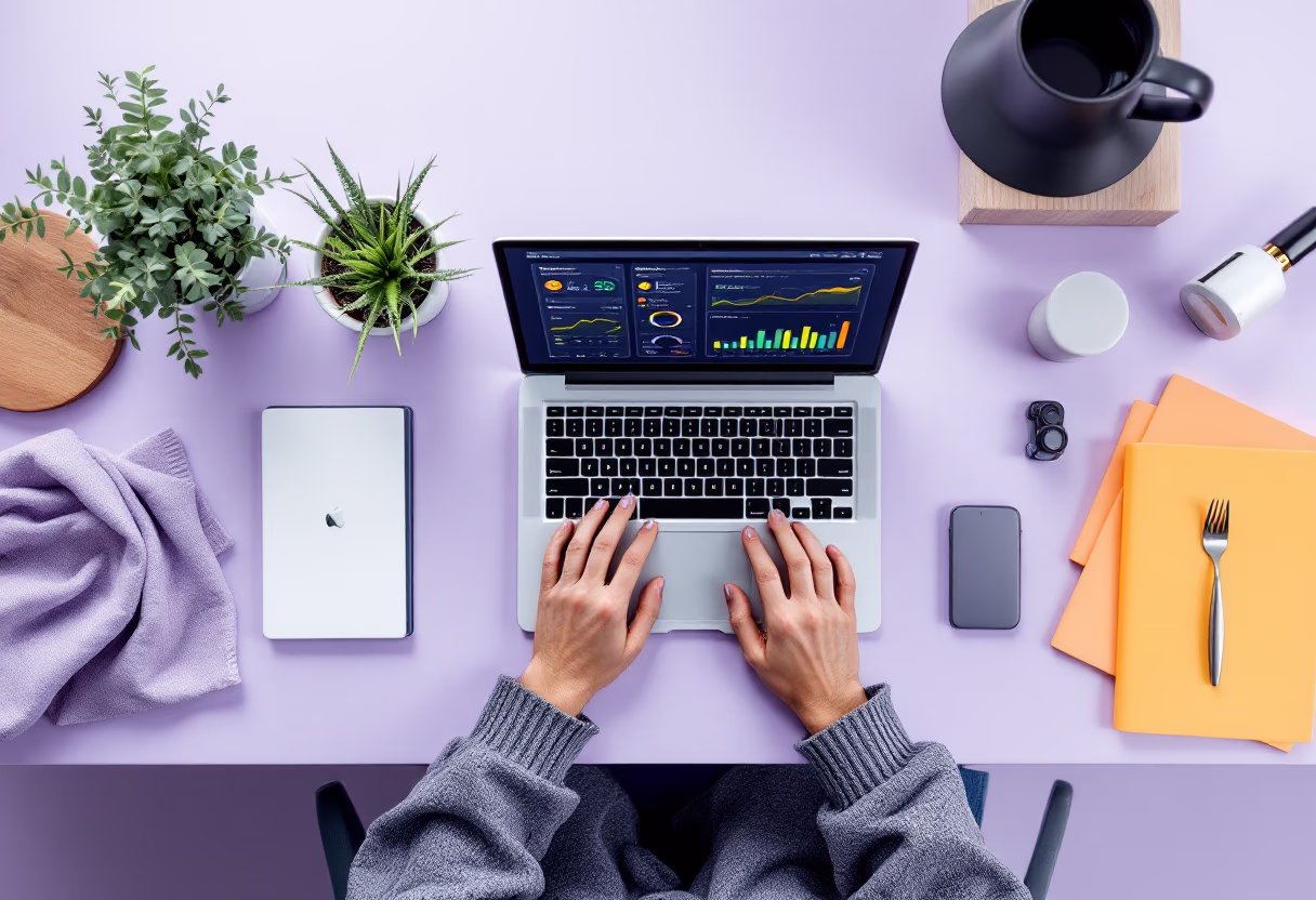 [background image] image of topdown photo of desk with laptop (for a food and agtech)