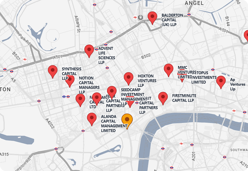 London map showing multiple venture capital and investment firms locations