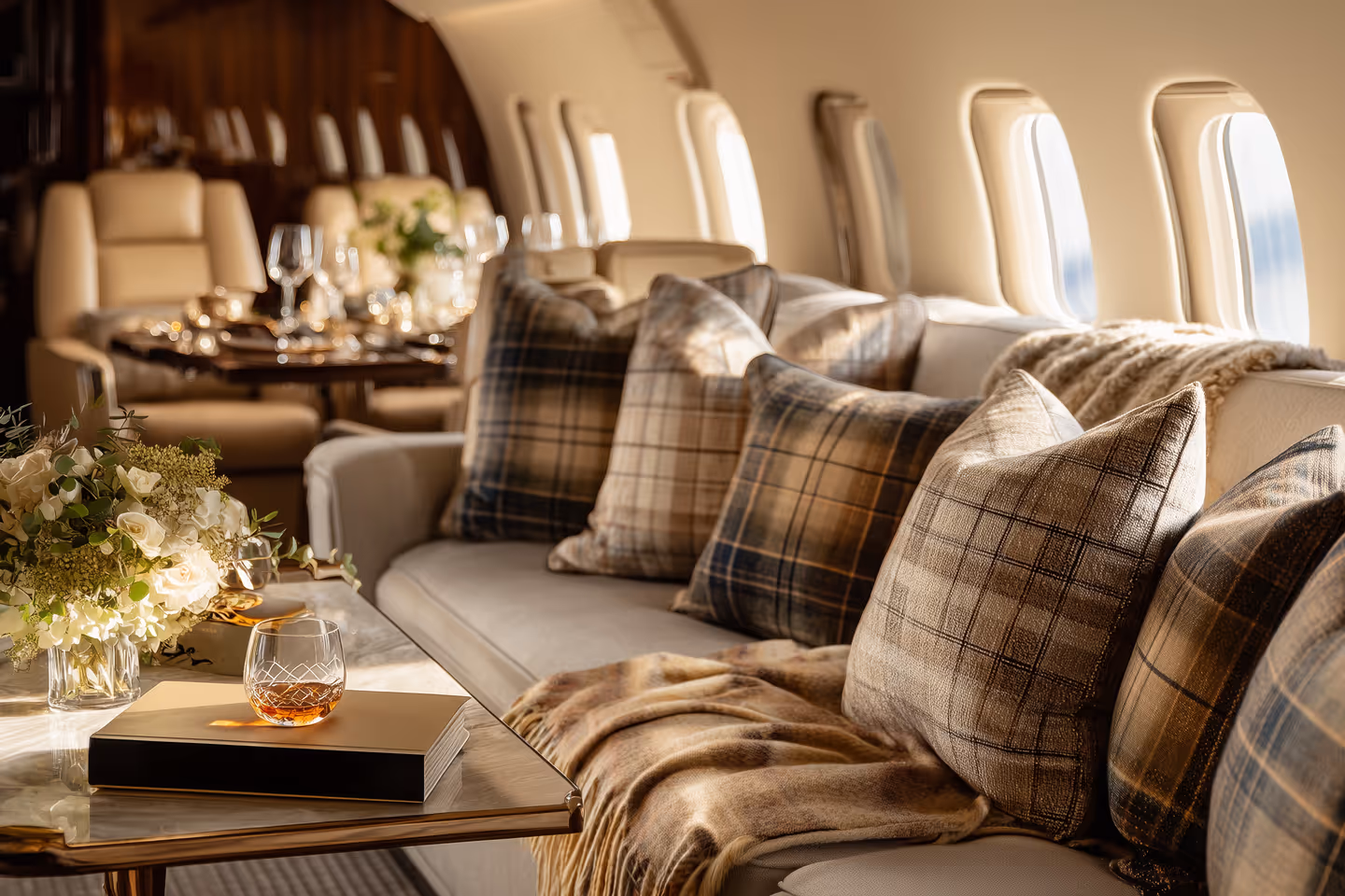 Luxurious airplane cabin featuring a beige sofa with plaid pillows, a fur throw, a glass of whiskey on a book, and a flower arrangement on a glass table.