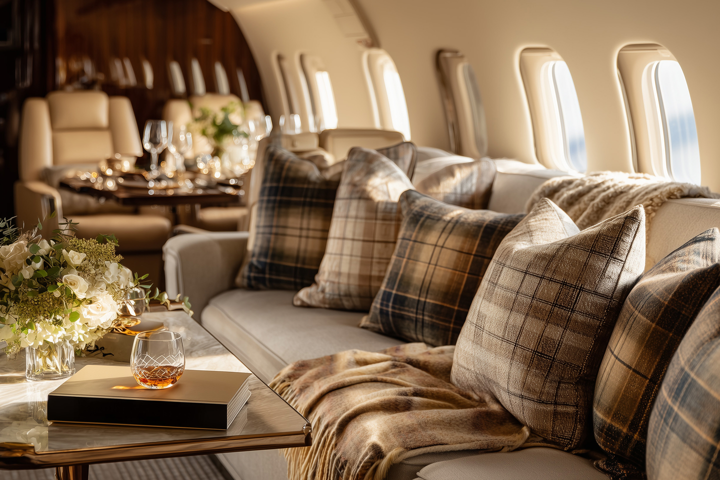 Luxurious airplane cabin featuring a beige sofa with plaid pillows, a fur throw, a glass of whiskey on a book, and a flower arrangement on a glass table.
