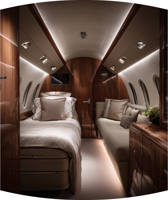 Luxurious private jet cabin featuring a bed with pillows on the left and a cushioned sofa with pillows on the right, all surrounded by polished wood paneling and soft ambient lighting.
